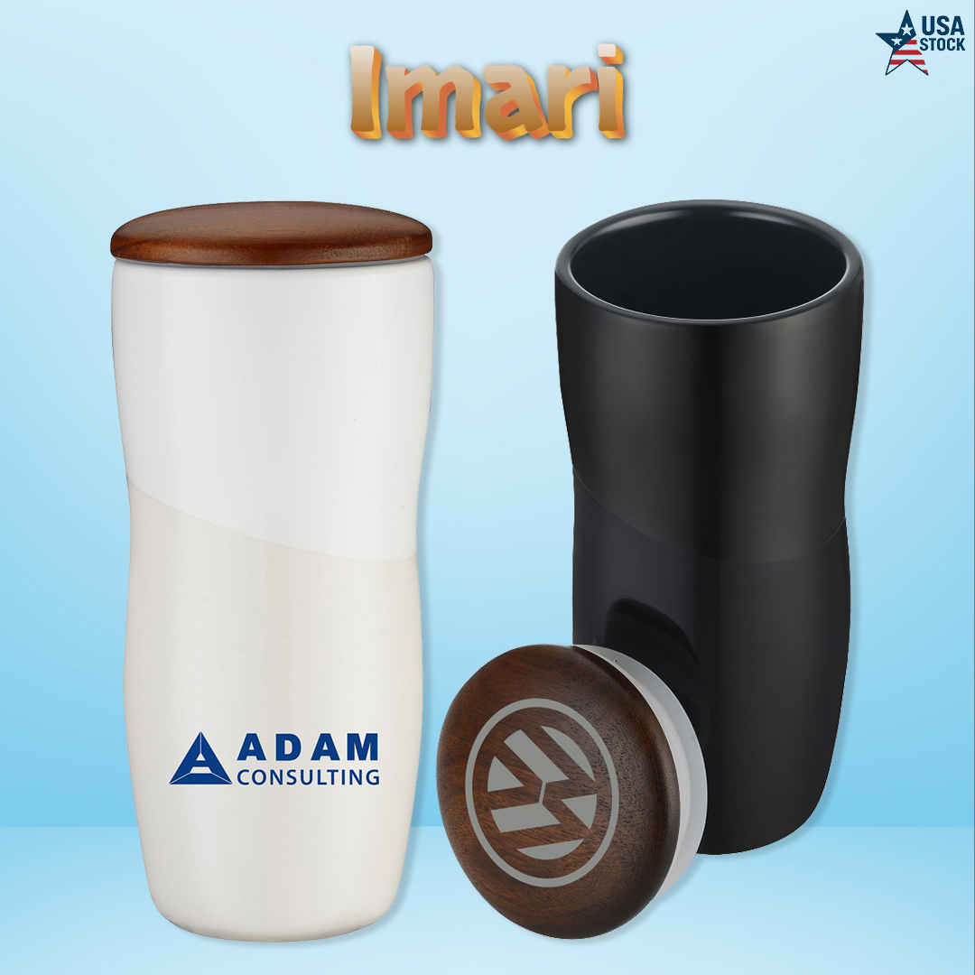 Imari Double Walled 12oz Ceramic Tumbler with Two-Tone Design and Wood Lid 8