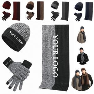Warm Winter Hat Long Neck Scarf Touch Screen Gloves Set 3