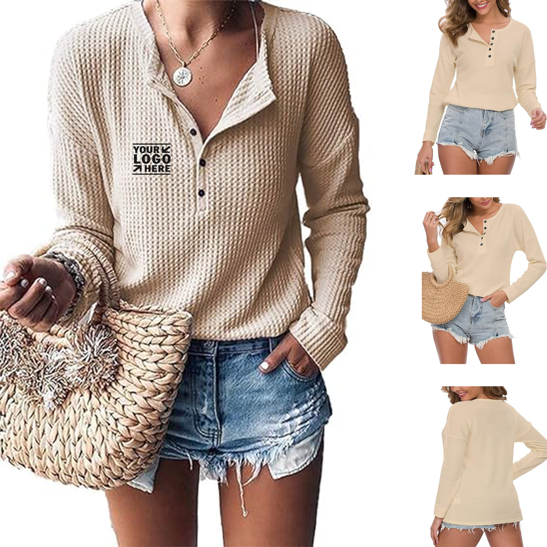 Womens Waffle Knit Tunic Tops Loose Long Sleeve Button Up V Neck Henley Shirt