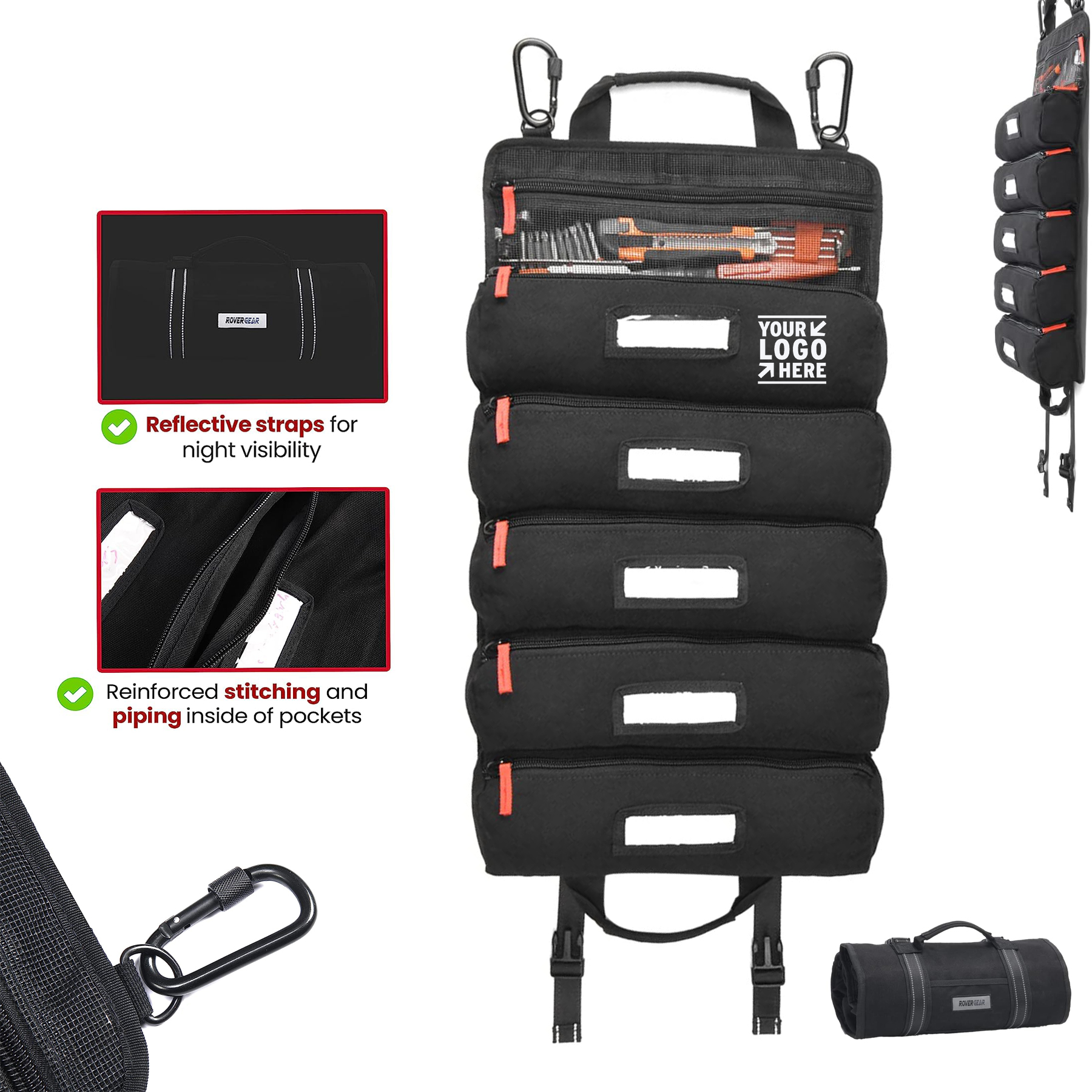 Mechanic Electrician Roll Up Tool Organizer 5 Large Pouches Canvas Bag with Carabiners 2