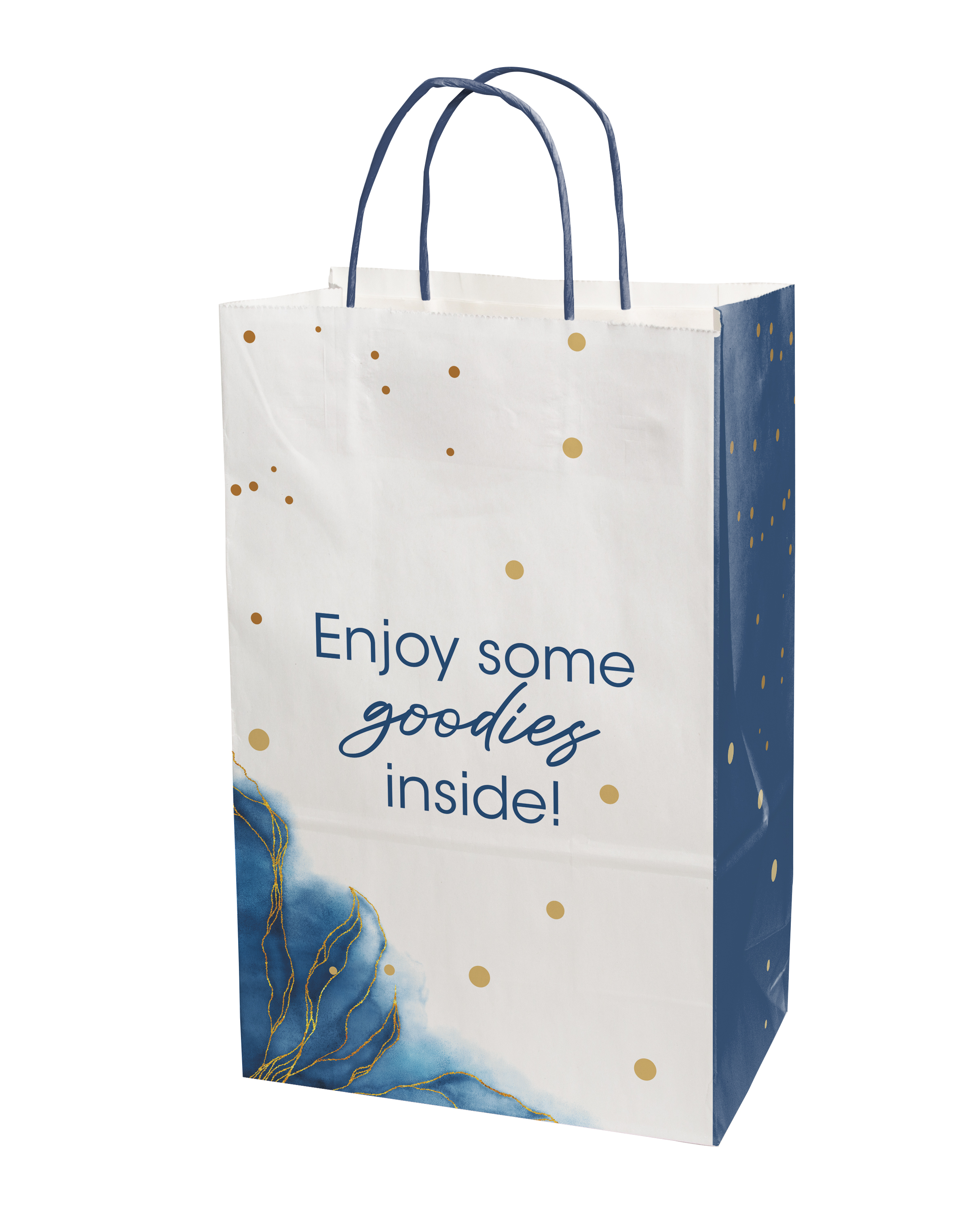 Multi-sided Full Color White Shopper Paper Bag - Blue Handle (8.5" x 13.375" x 5") 3
