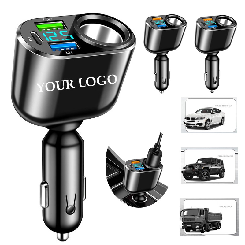 Car Cigarette Lighter Socket 3 Ports Type-C Car Charger 4