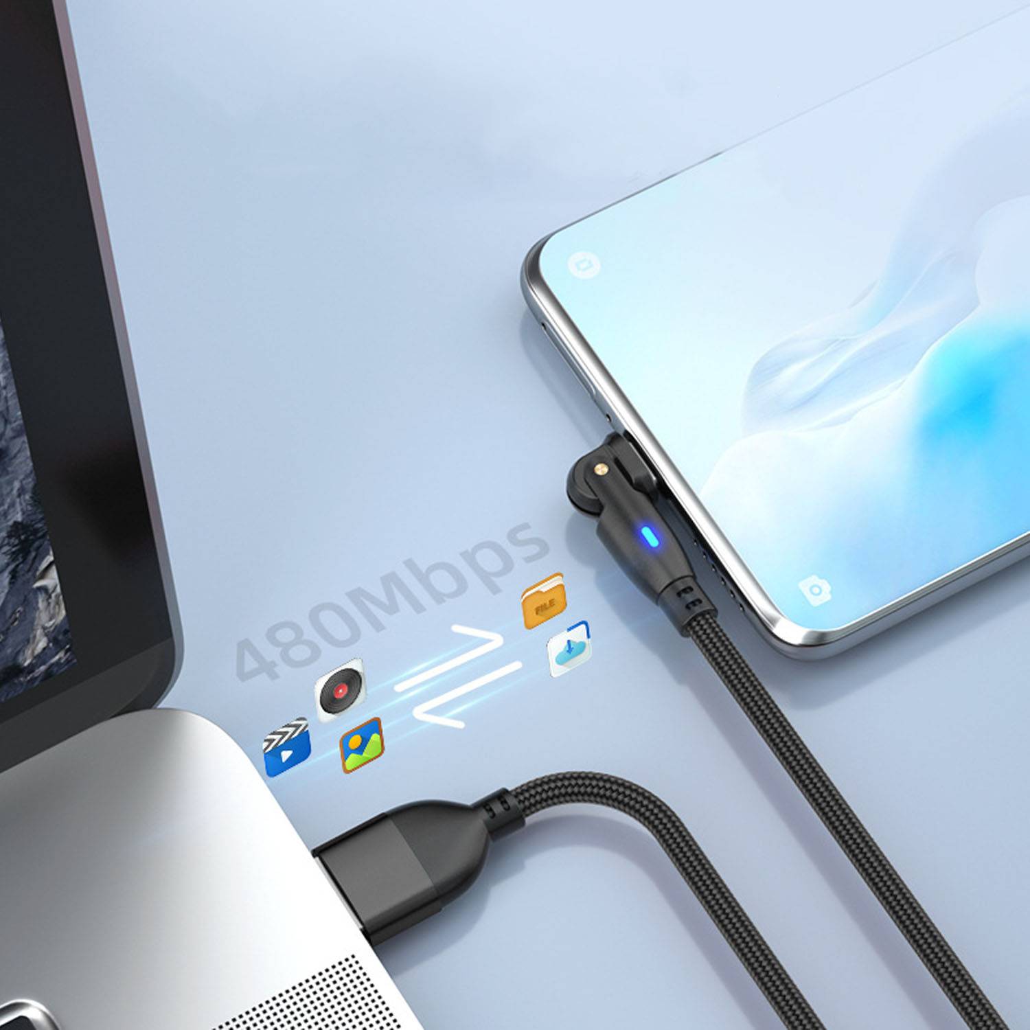 2-in-1 Nylon USB Fast Charging Cable W/ 180 degree Rotation 3