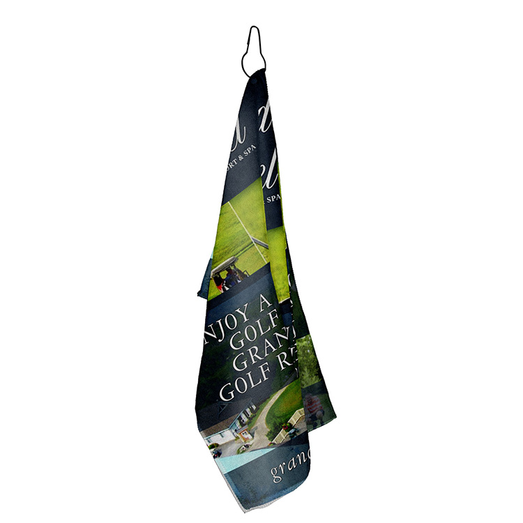 "THE IRON" Full Color Sublimation Recycled RPET 300 GSM Golf Towel with Metal Grommet and Clip - 12" 1