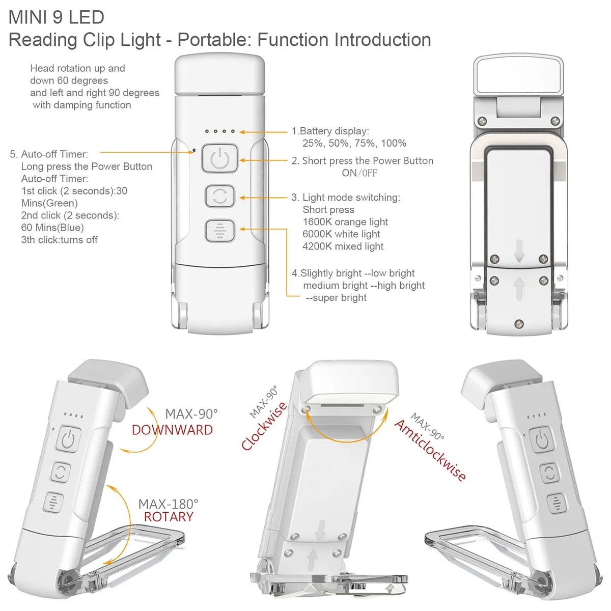 Portable Rechargeable Kids Clip On LED Reading Lights 5