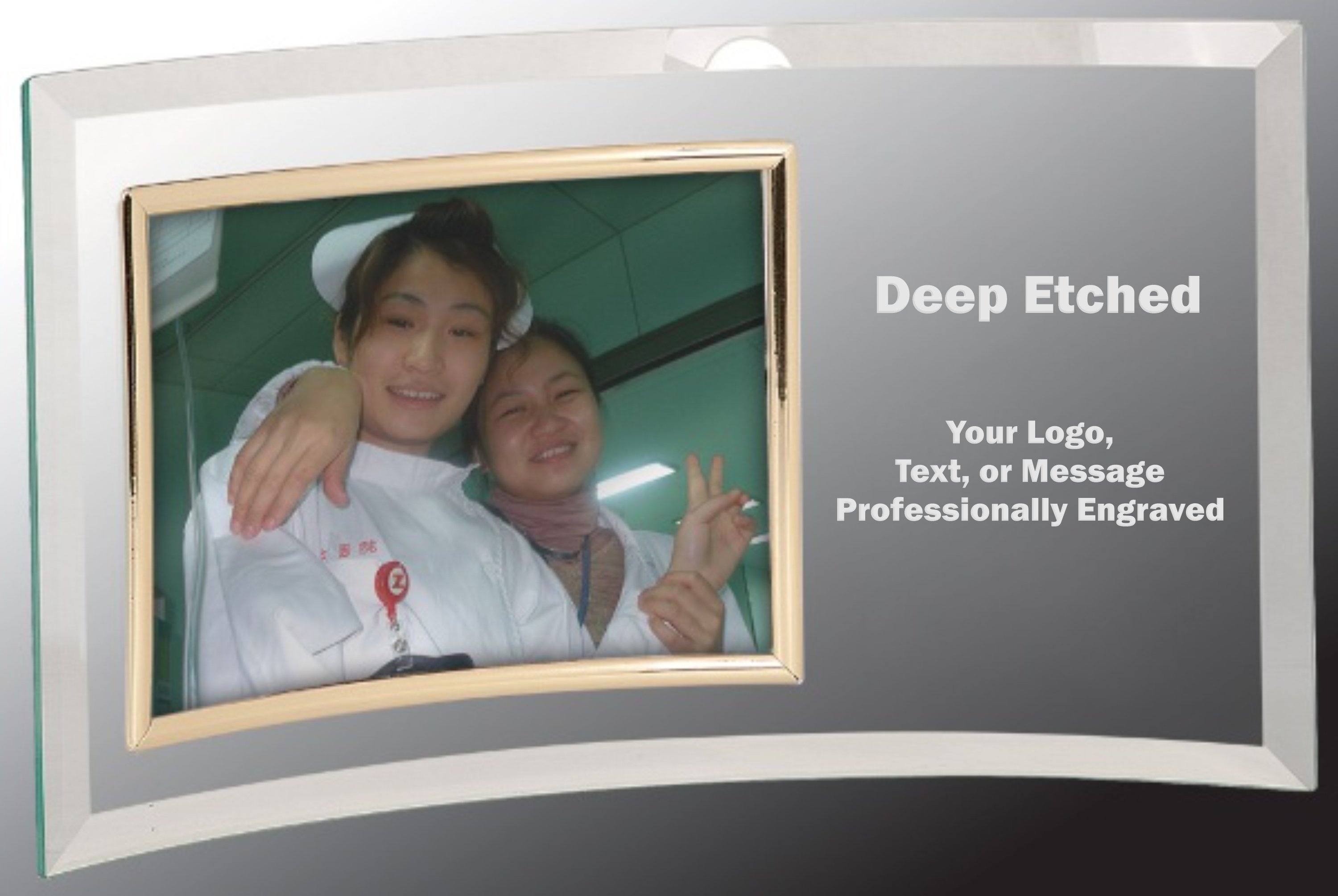 13" x 7 1/2" Jade Glass Crescent with 7" x 5" Picture Frame Award