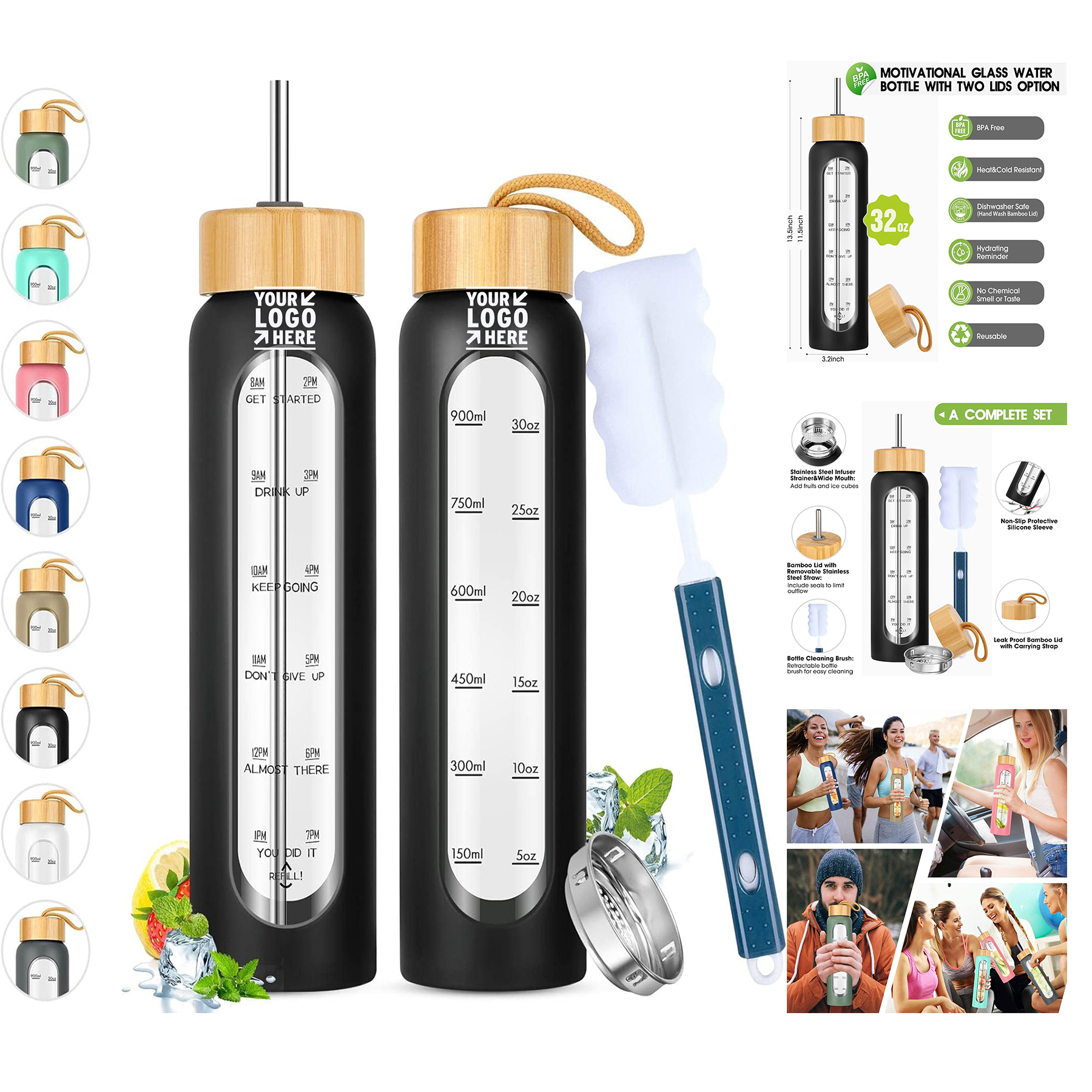 32 OZ Reusable Silicone Sleeve Motivational Glass Water Bottles With Straw Time Marker 2