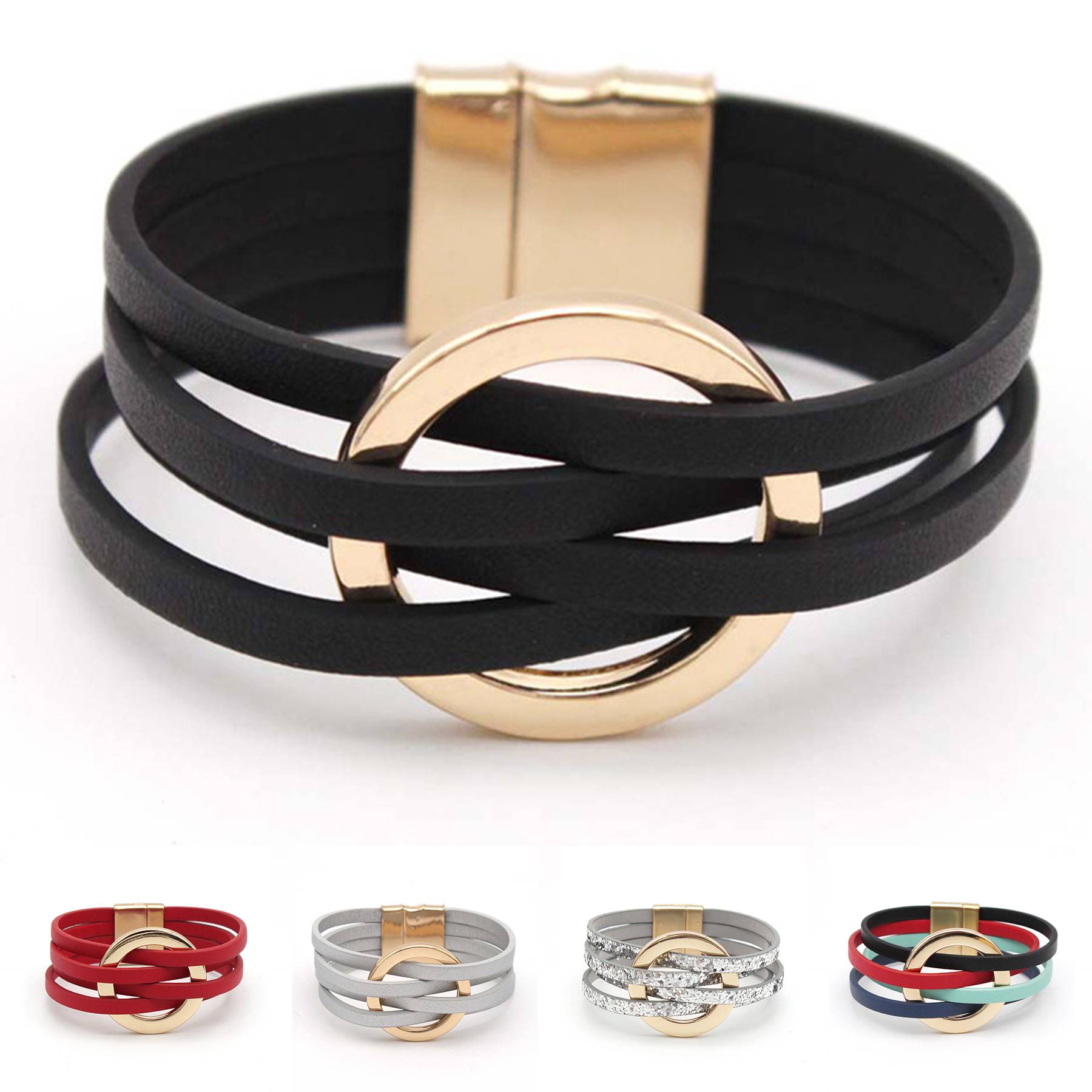 PU Multi-layered wristband, large ring cuff bracelet 3