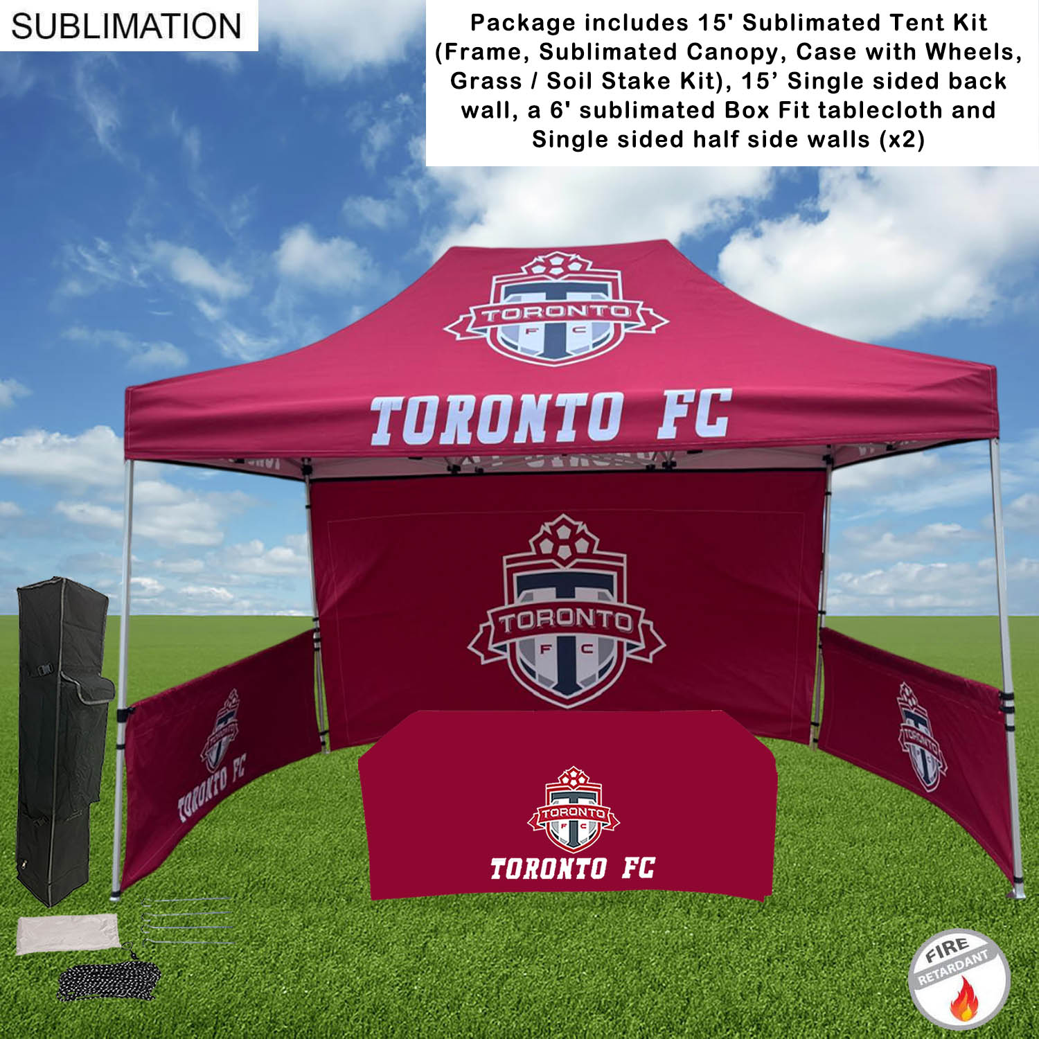 Supreme Event Package, 15' Sublimated Tent, 15' Backwall, 2 Half sidewalls, and 6' BoxFit Tablecloth 14