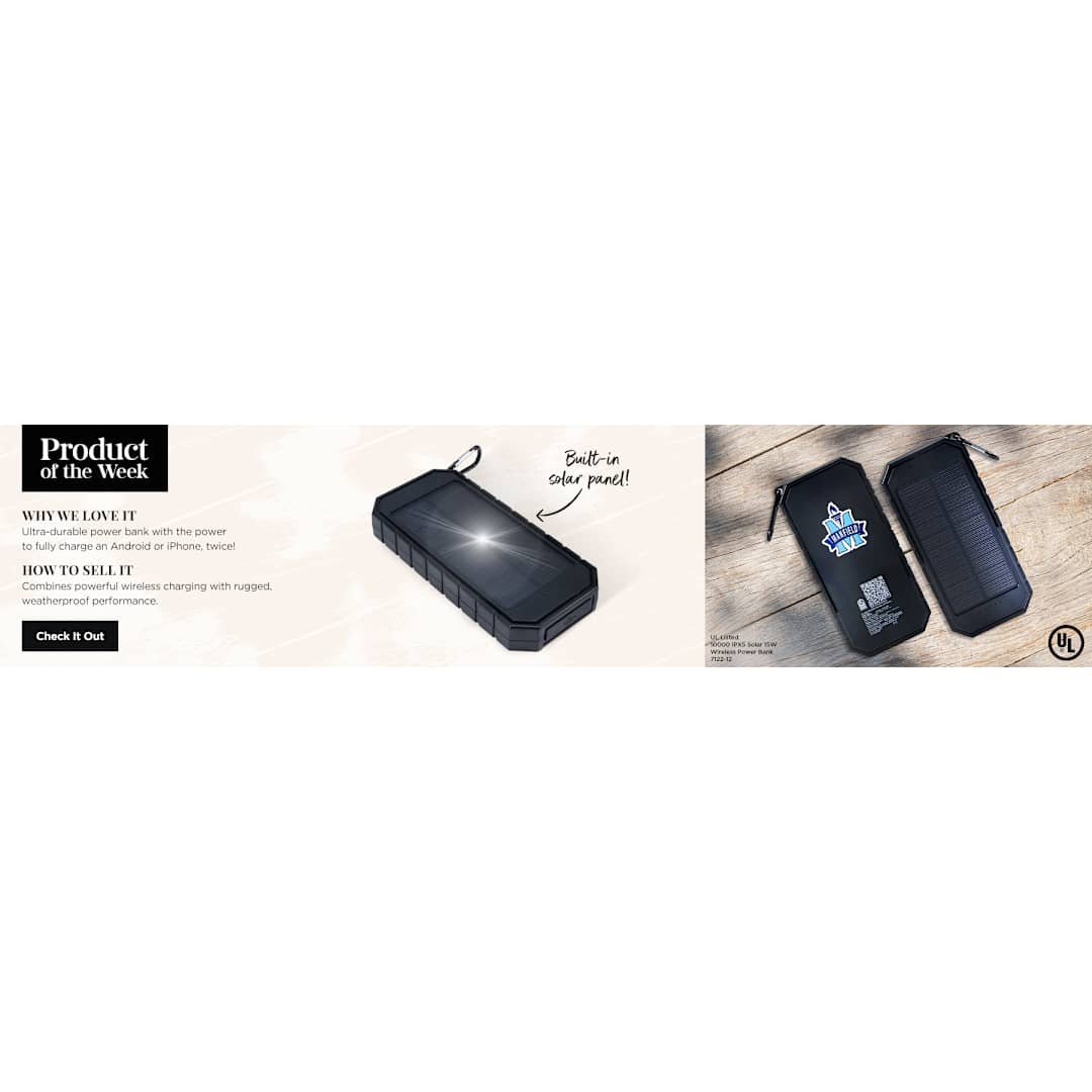 UL Listed 10000 IPX5 Solar 15W Wireless Power Ban 22