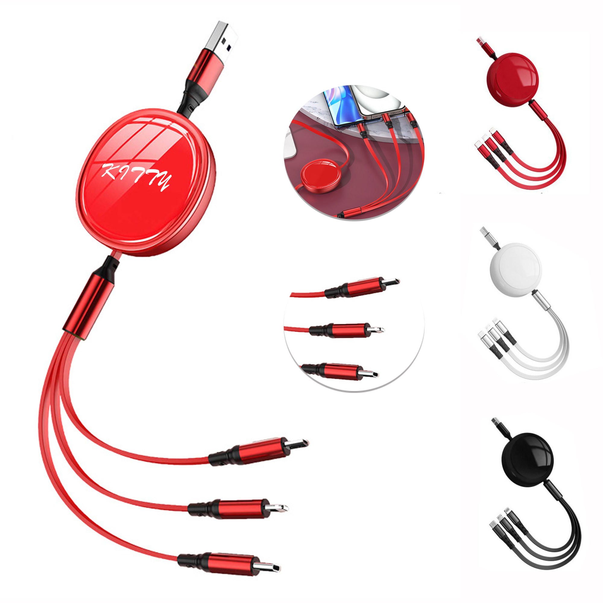 Three-in-one charging retractable data cable