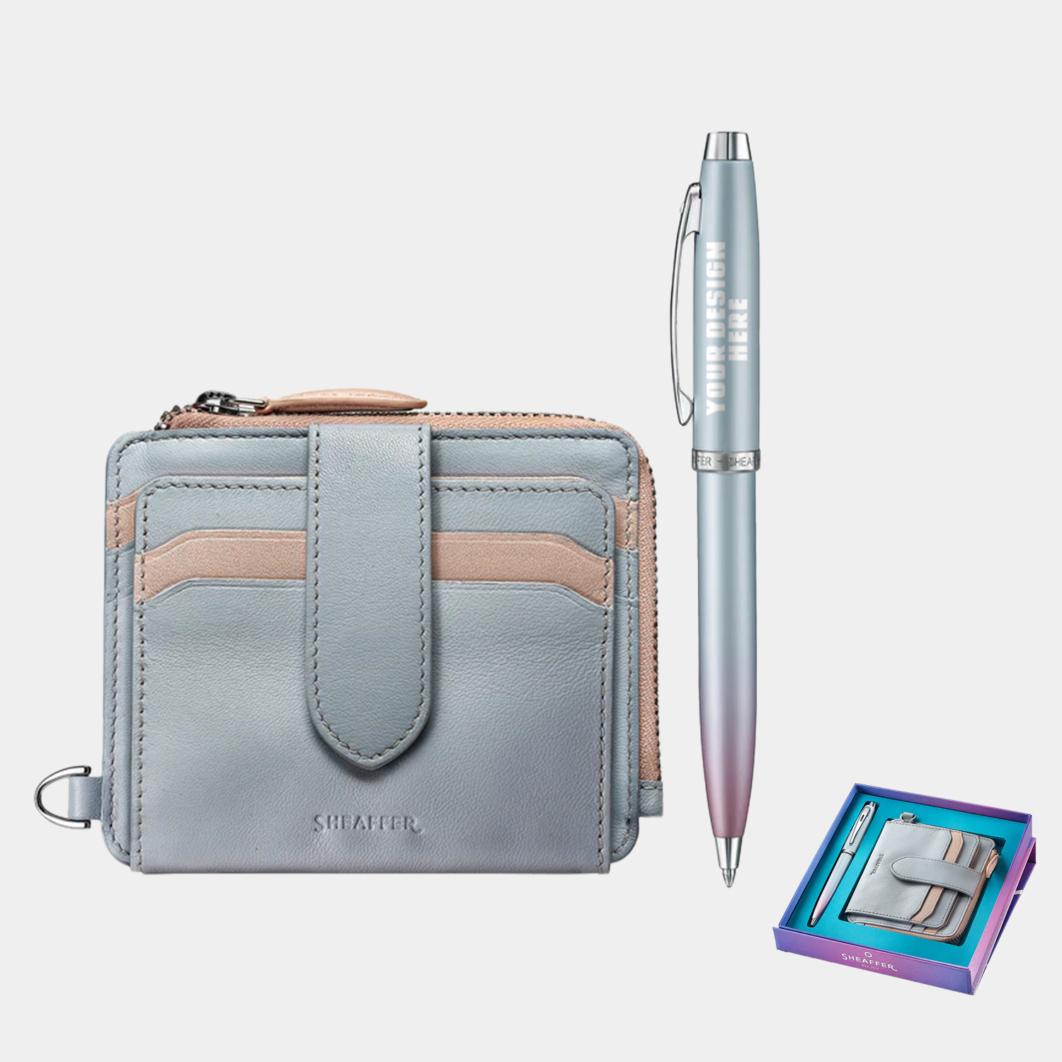 SHEAFFER® Executive Gift Set 100 9376 Blue and Pink Pearlised Gradient Ballpoint Pen with Genuine Leather Wallet 12