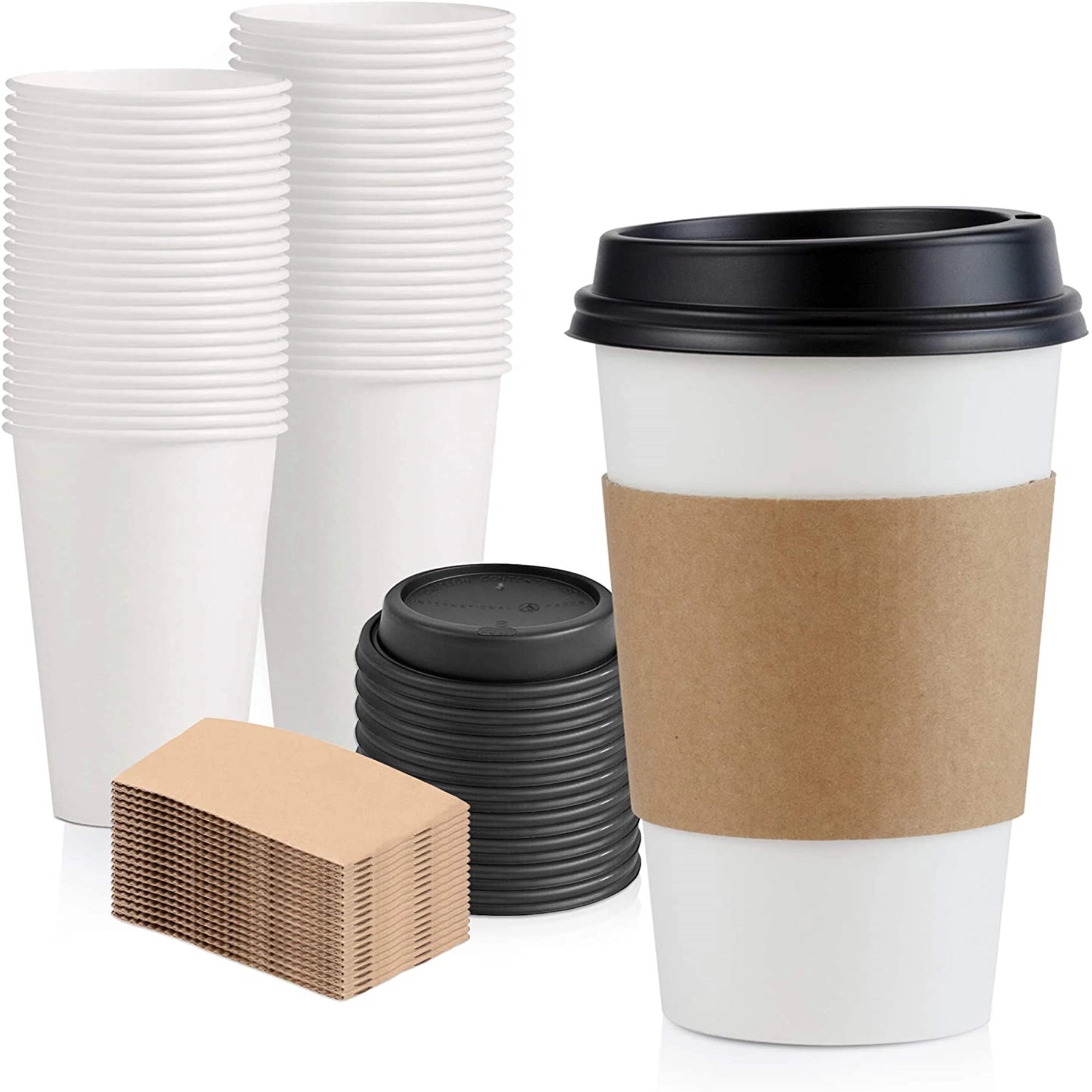 16 oz Disposable White Paper Coffee Cup with Black Dome Lid 2