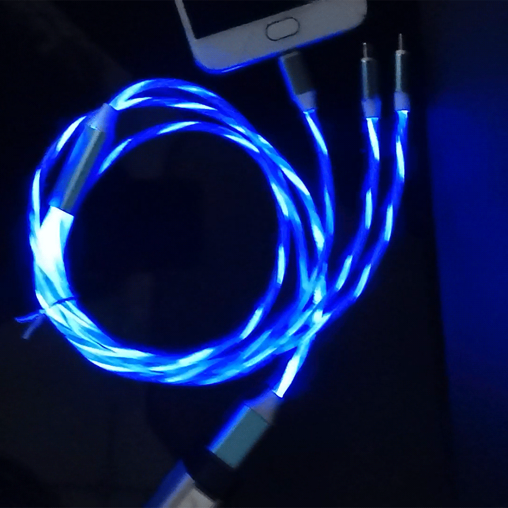 Calumet 4ft, 3in1 LED Flowing Charging Cables with Type C, Android and IOS 8