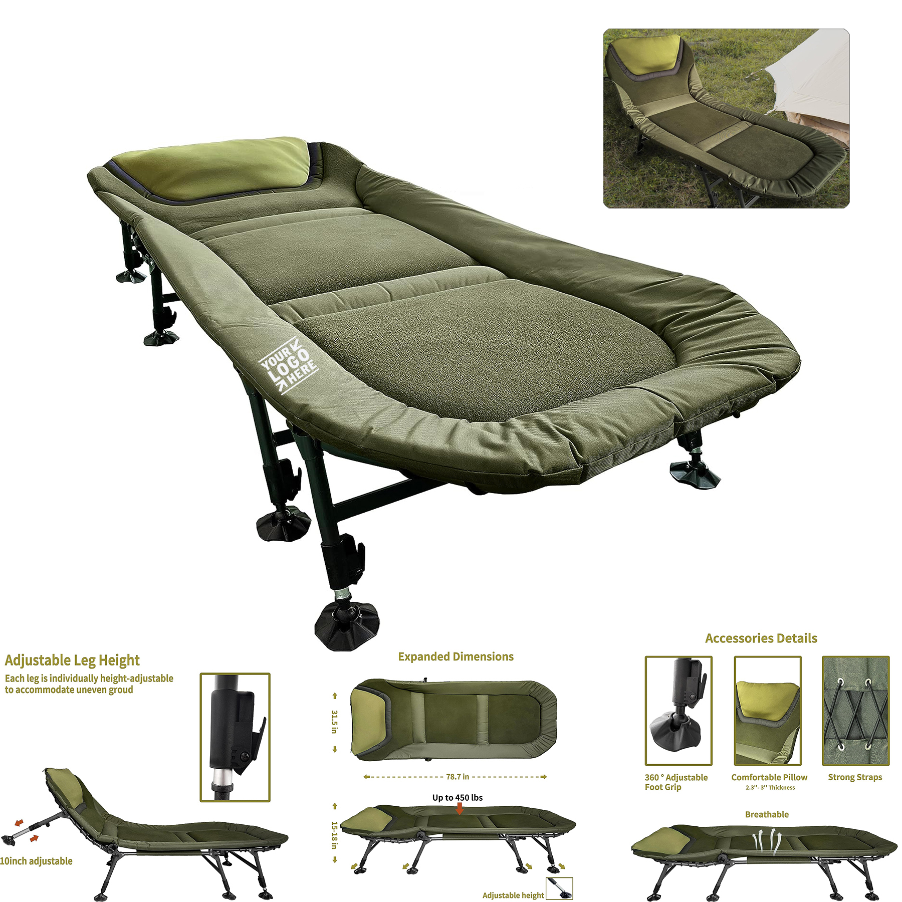 
Adults Portable Folding Outdoor Camping Height Adjustable Supports 450 lbs Tent Sleeping Cot 