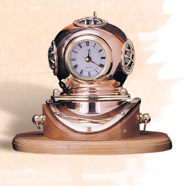 Copper/Brass Helmet Clock on Wood Base 1