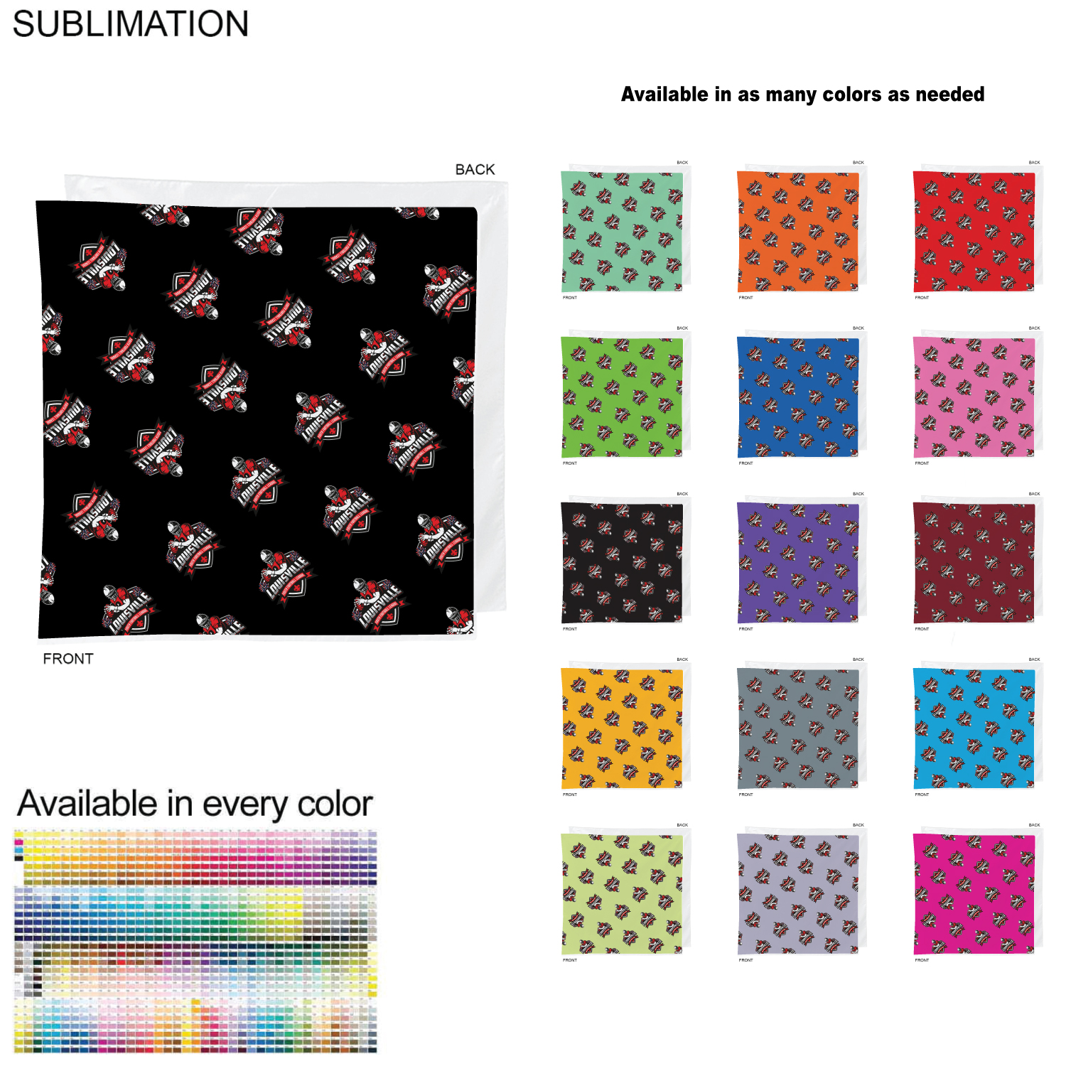 Team Building Colored Sublimated Bandanna, 22"x22", Sublimated Edge to Edge 1 side 2