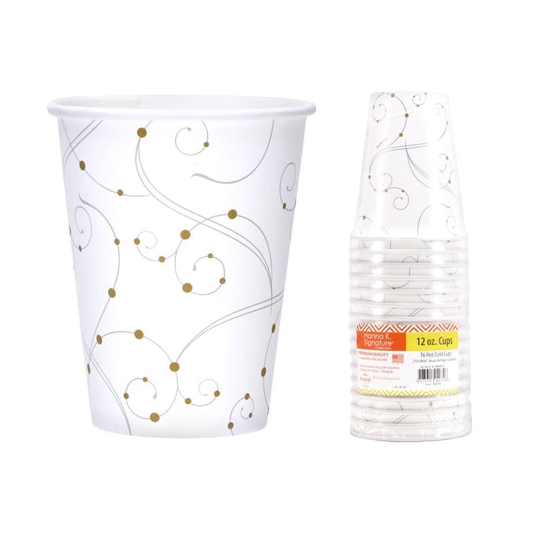 Paper Cups - White & Gold Design Hot & Cold 12 oz. 16 Pack 2