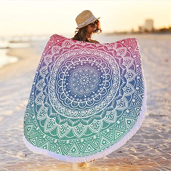 200 GSM Large Round Microfiber Mandala Beach Towel Blanket / Fringe 11
