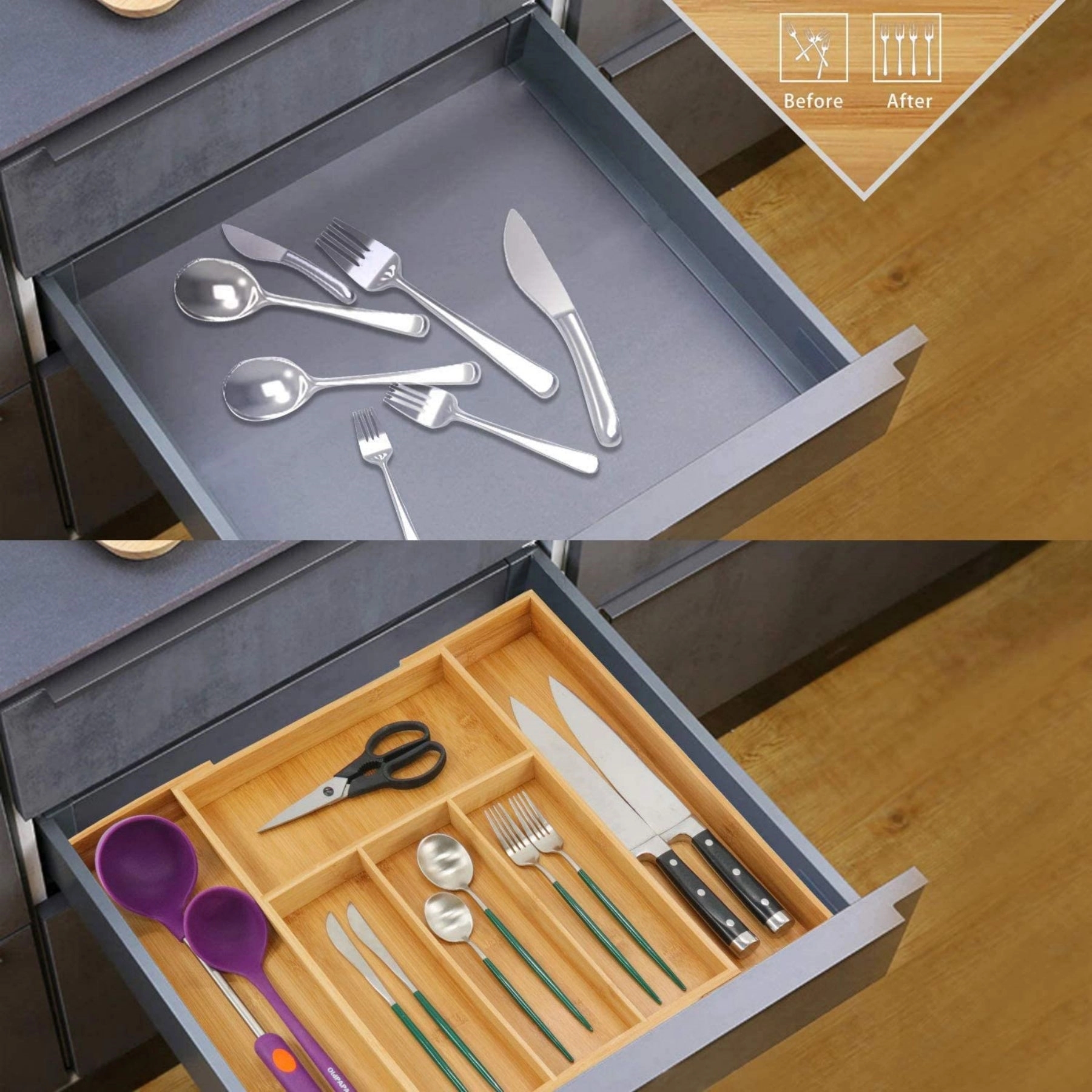 Bamboo Kitchen Silverware Adjustable Drawer Organizer 6Slot 3