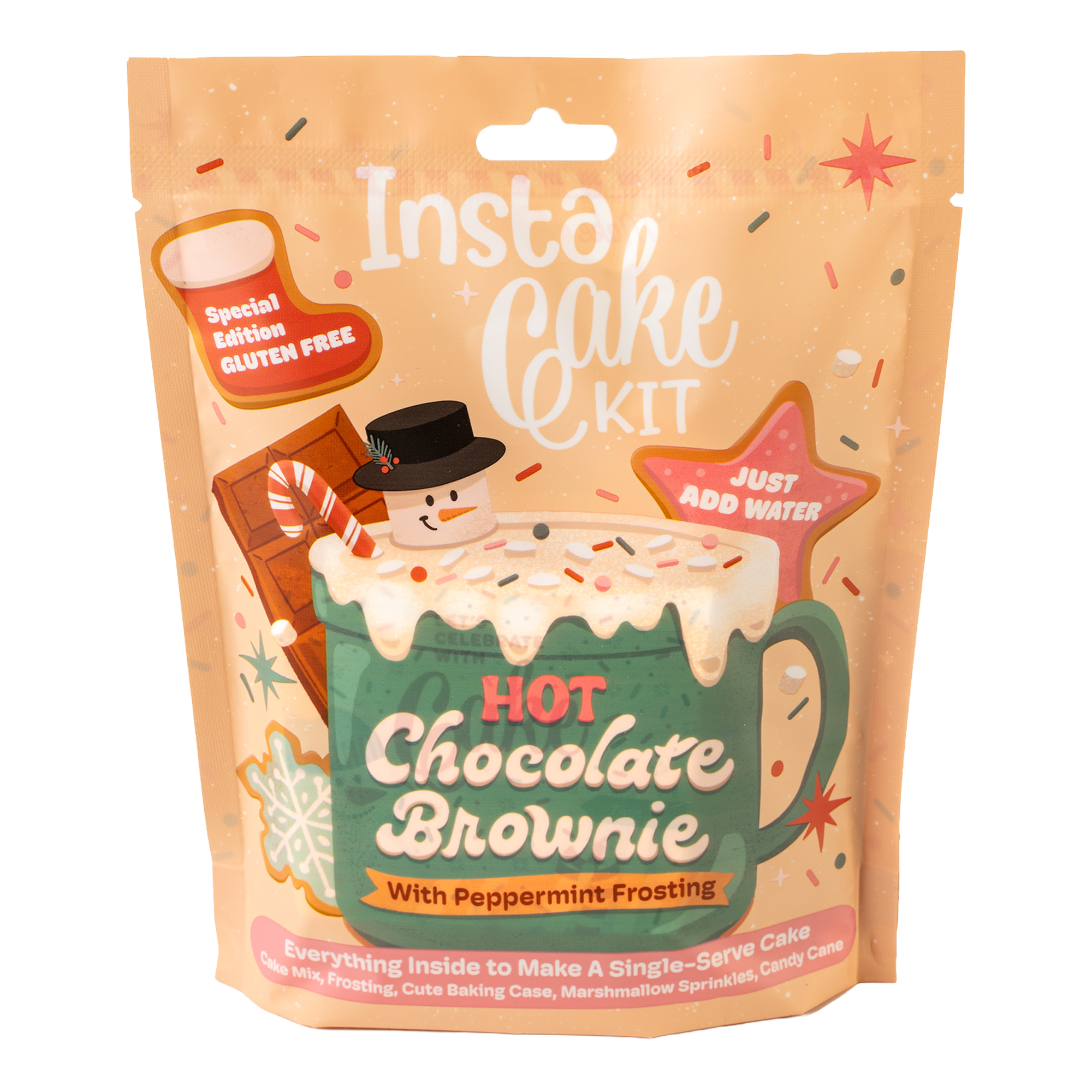 All-in-one celebration kit with a pop-up baking case, cake mix, frosting, sprinkles, candle, spoon, and water measure—just add water and microwave. 7