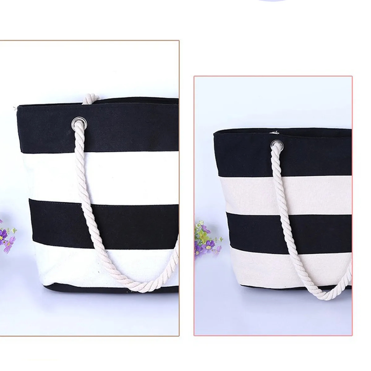 Striped Canvas Beach Tote Bag With Rope Handles 2