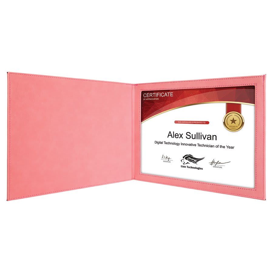 9" x 12" Pink Leatherette Certificate Holder for 8 1/2" x 11" 2