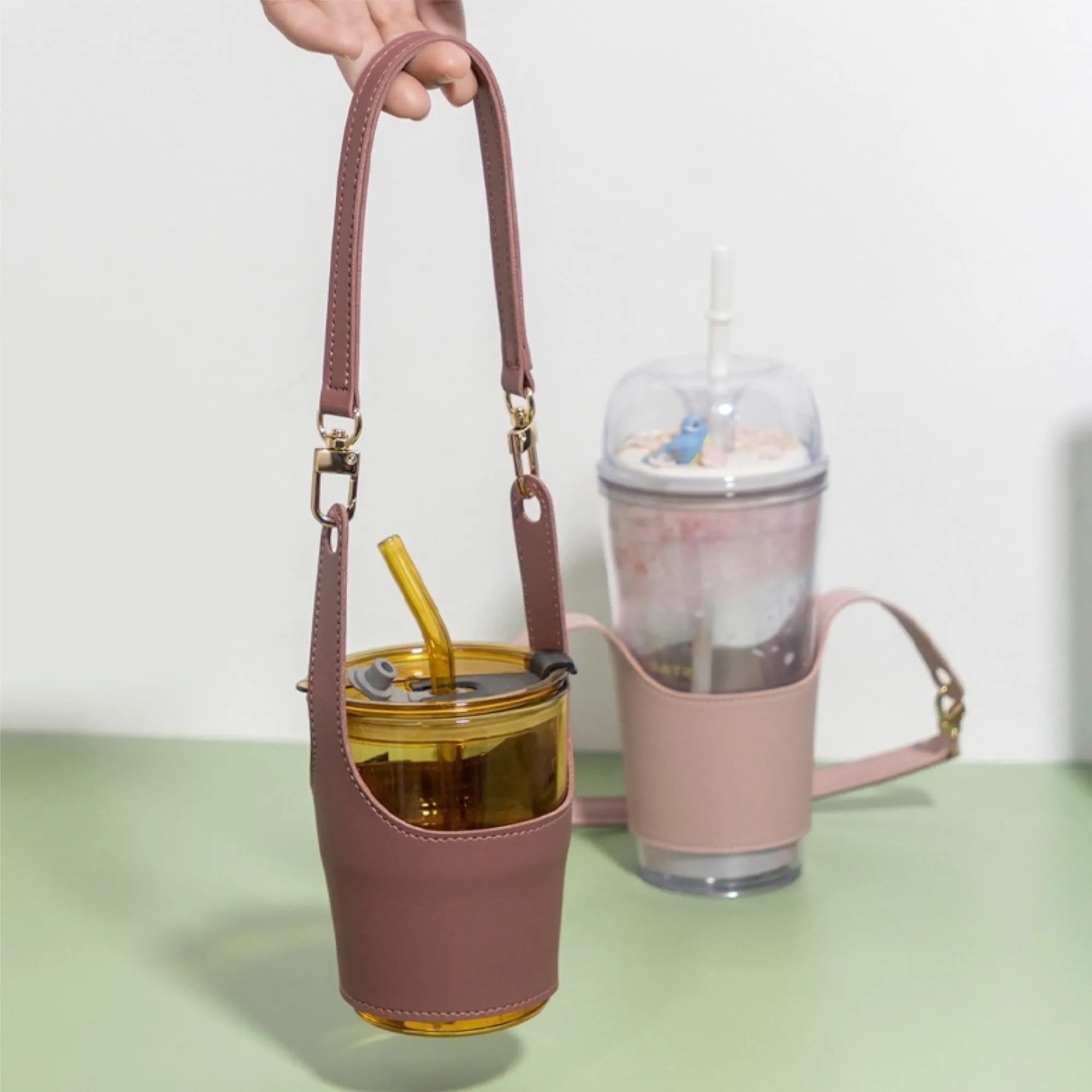 Leather Cup Carrier Holder Water Bottle Sleeve With Handle 5