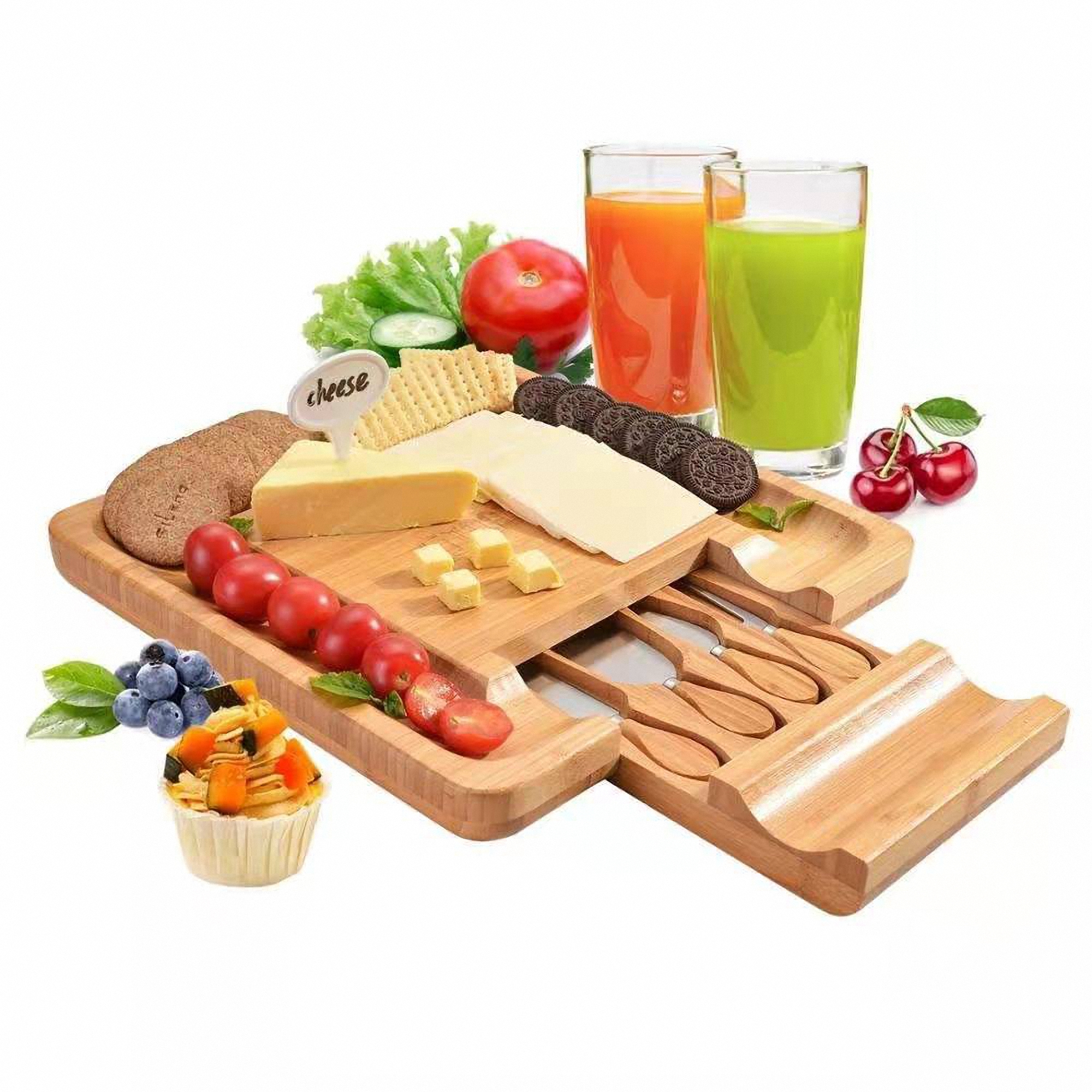 Bamboo Cheese Board and Knife Set with Hidden Drawer 3