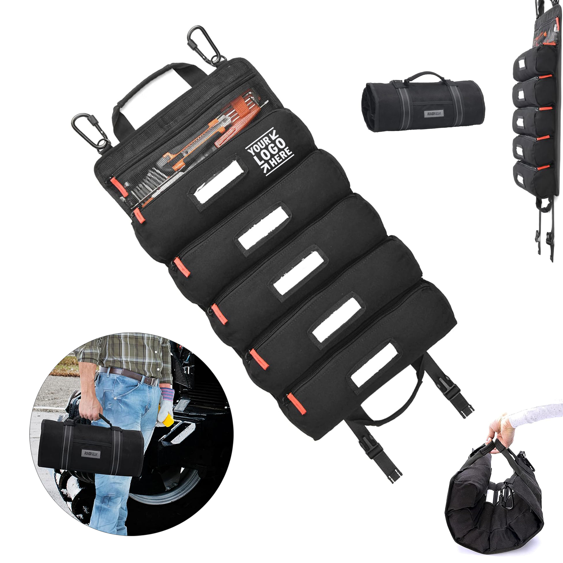 Mechanic Electrician Roll Up Tool Organizer 5 Large Pouches Canvas Bag with Carabiners