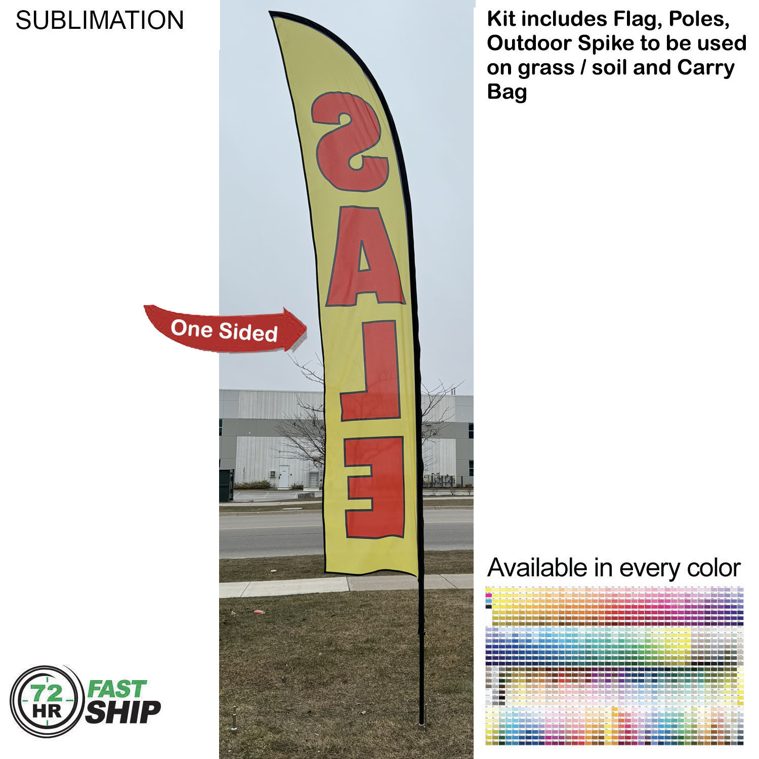 72 Hr Fast Ship - 15' Large Feather Flag Kit, Full Color Graphics One Side, Spike and Bag Included. 16