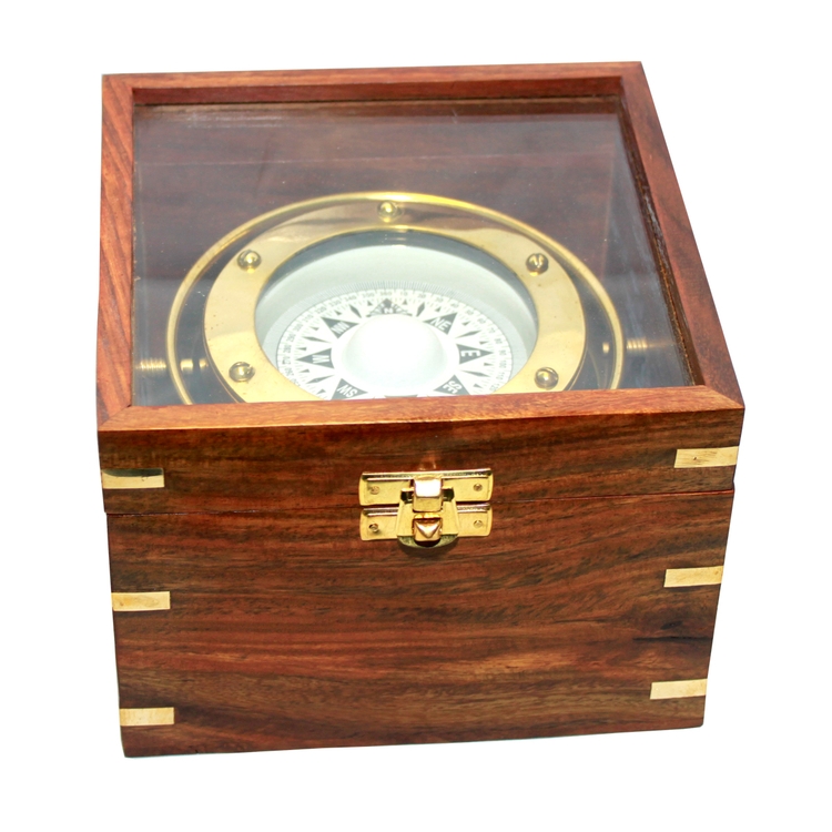 Jumbo Vintage Gimble Brass Compass in Teak Wood Box 2