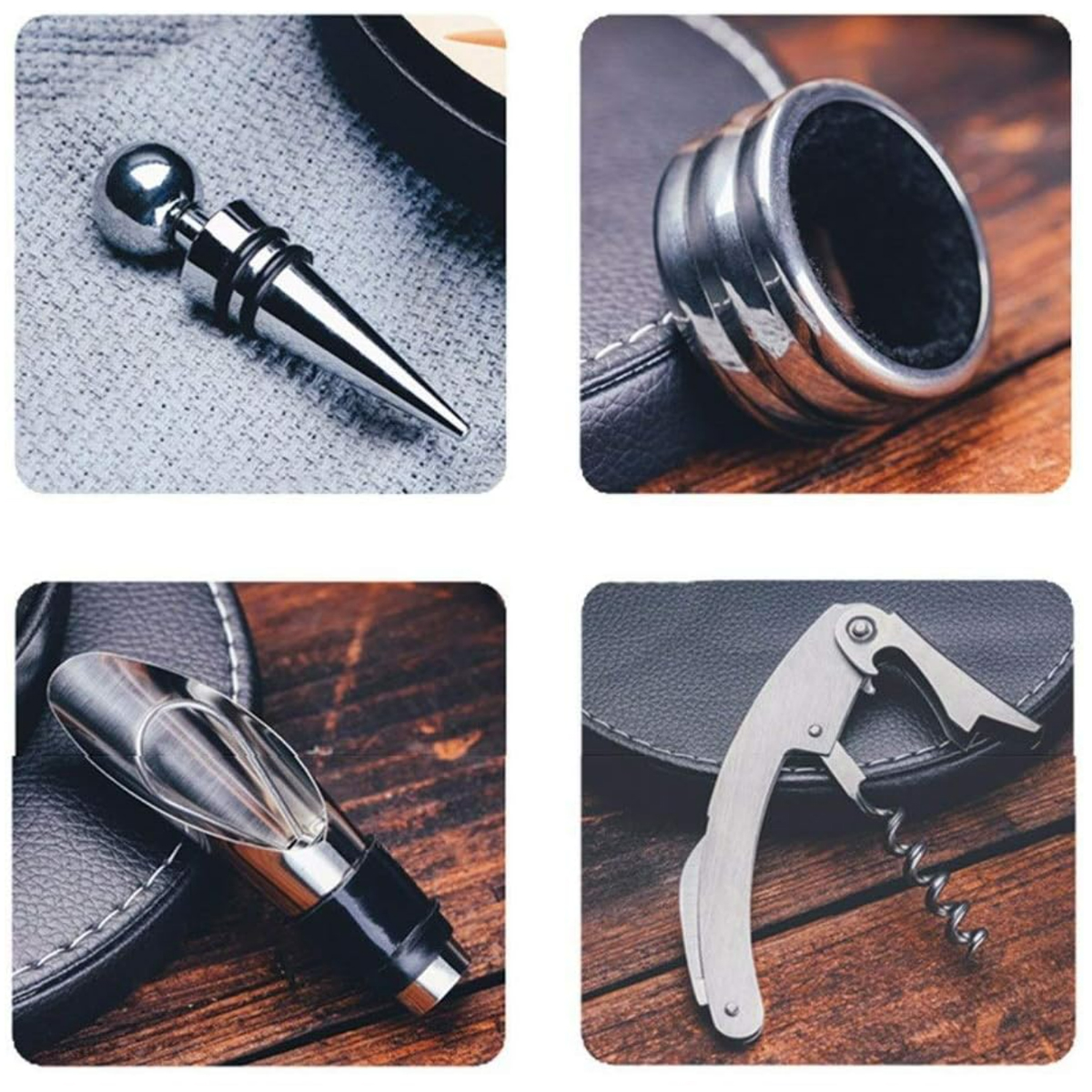 4 Piece Wine Gift Set in Round Leather Case 5