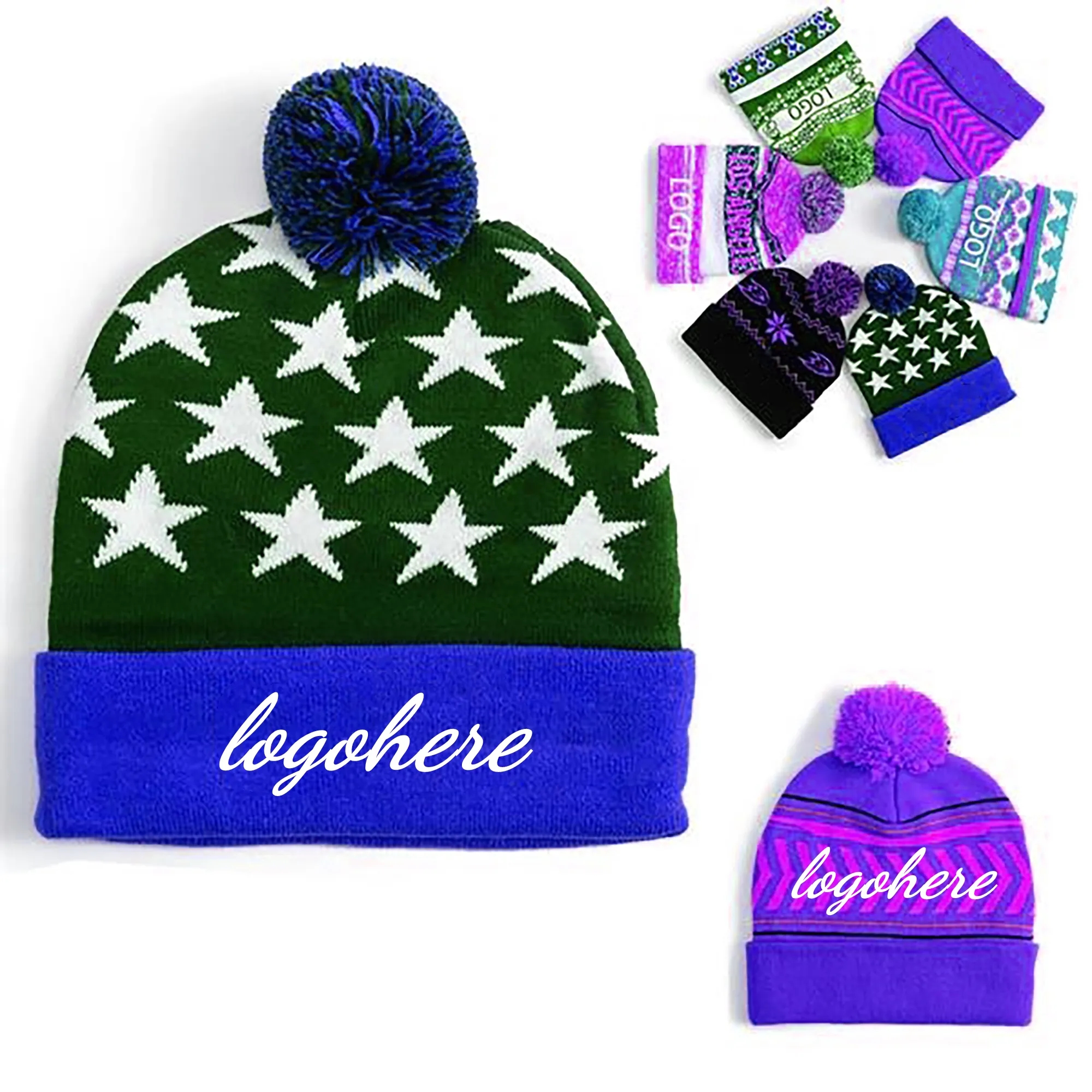 Winter Jacquard Knitted Beanie Hat With Pom 12