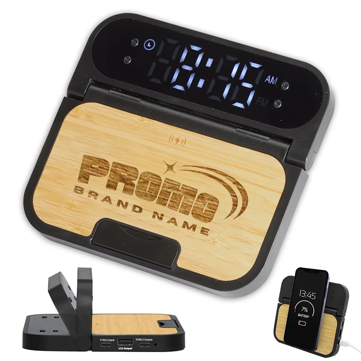 Bamboo 2-in-1 Wireless Charging Pad with Digital Clock 2