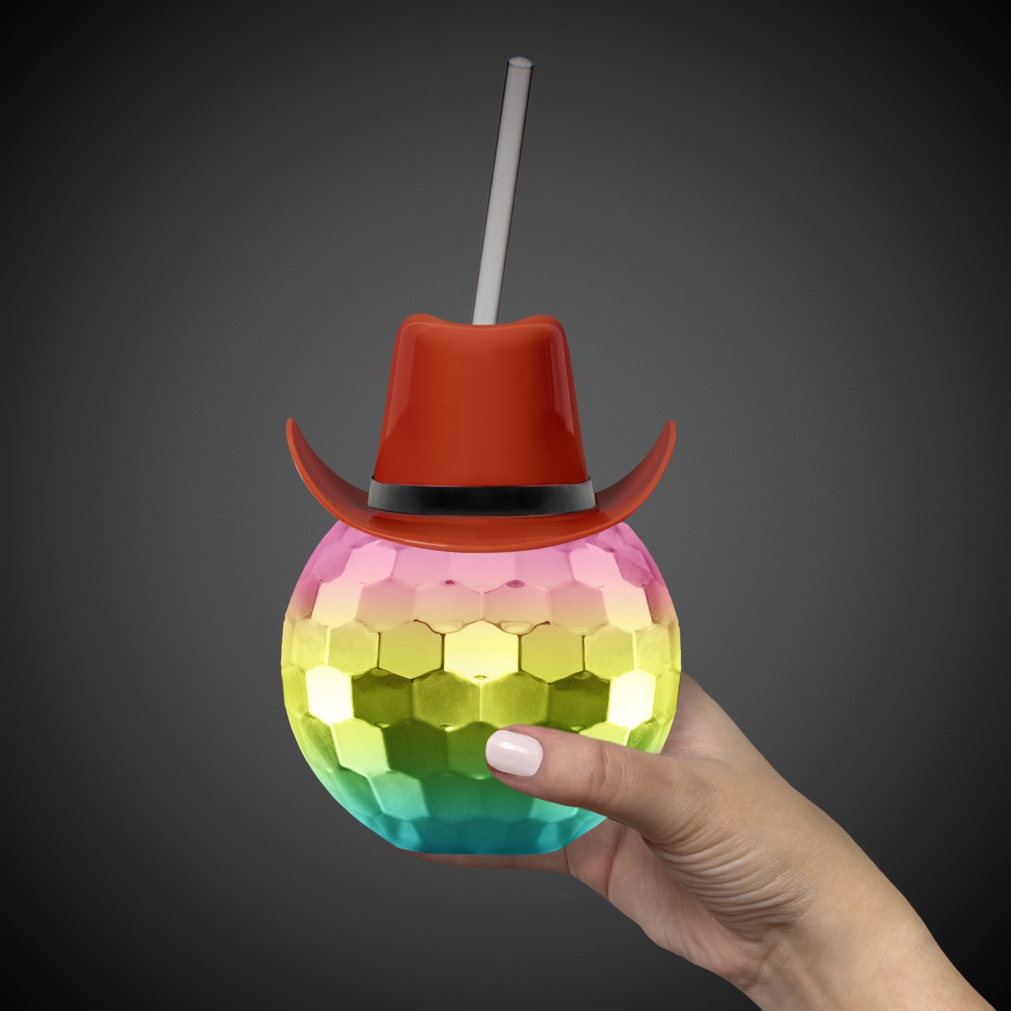 Disco Ball Cup Rainbow w/Straw and Brown Hat(hat not assembled)(Imprintable) 3