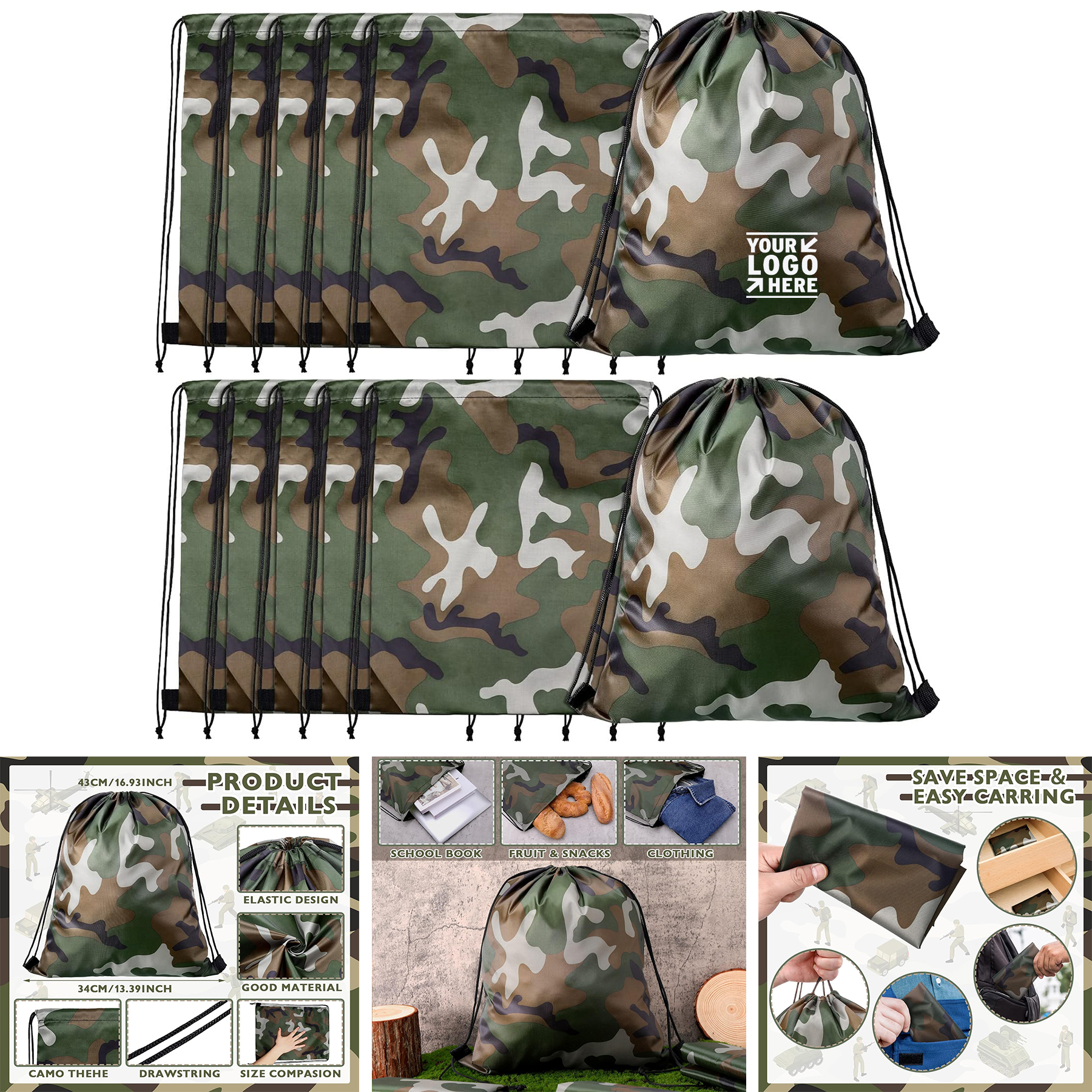 Army Travel Camo Drawstring Backpack Waterproof Camouflage String Bag  2