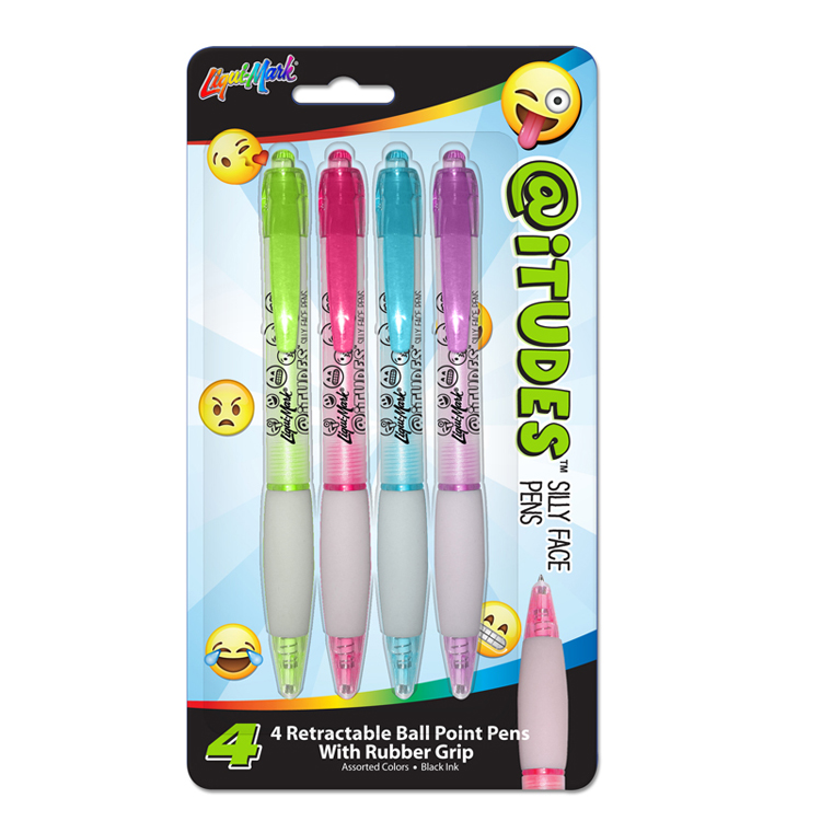 @iTUDES 4 Pk Emoji Silly Face Retractable Ball Point Pens with Rubber Grip