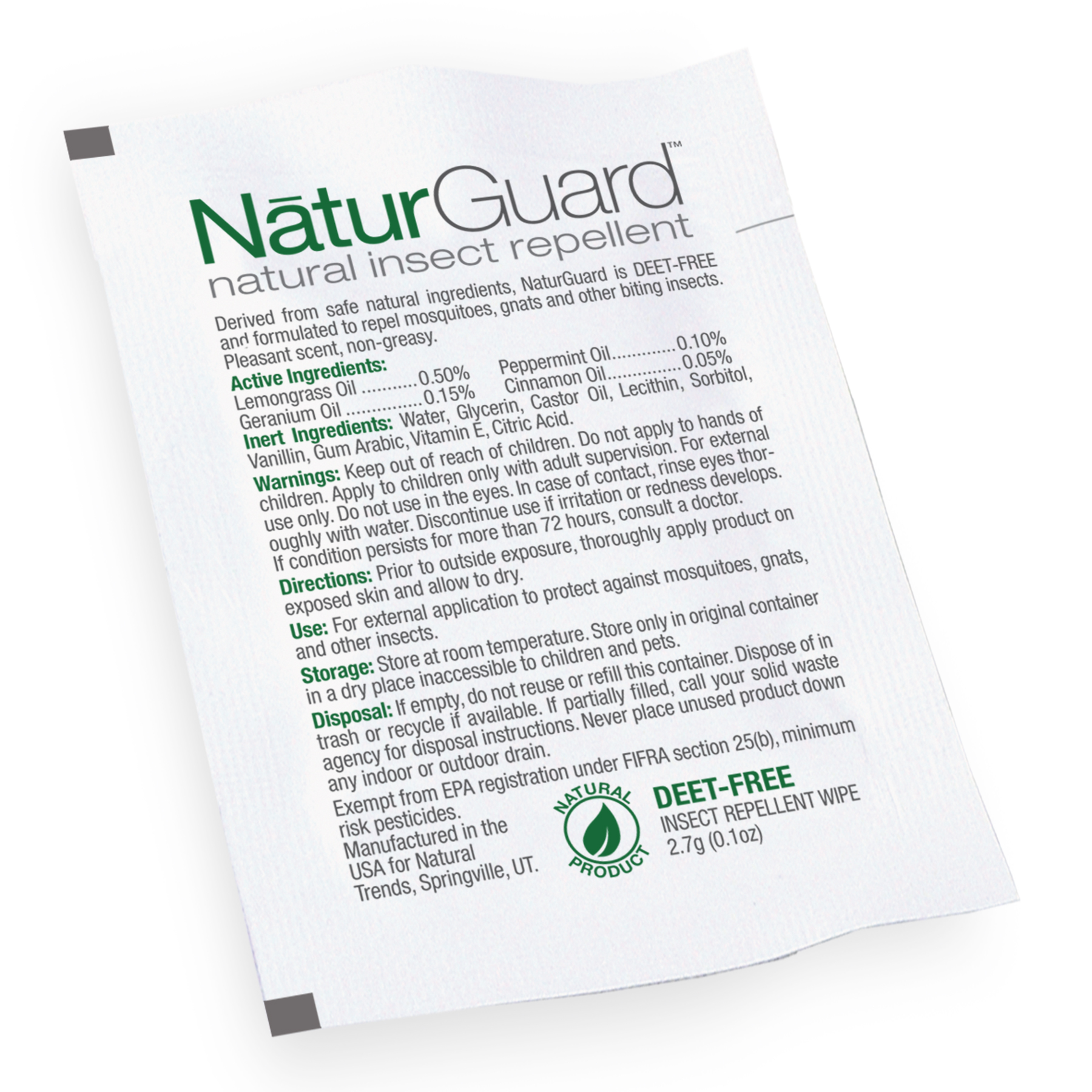 NaturGuard Natural Insect Repellent Wipes, Stock, No Imprint 1