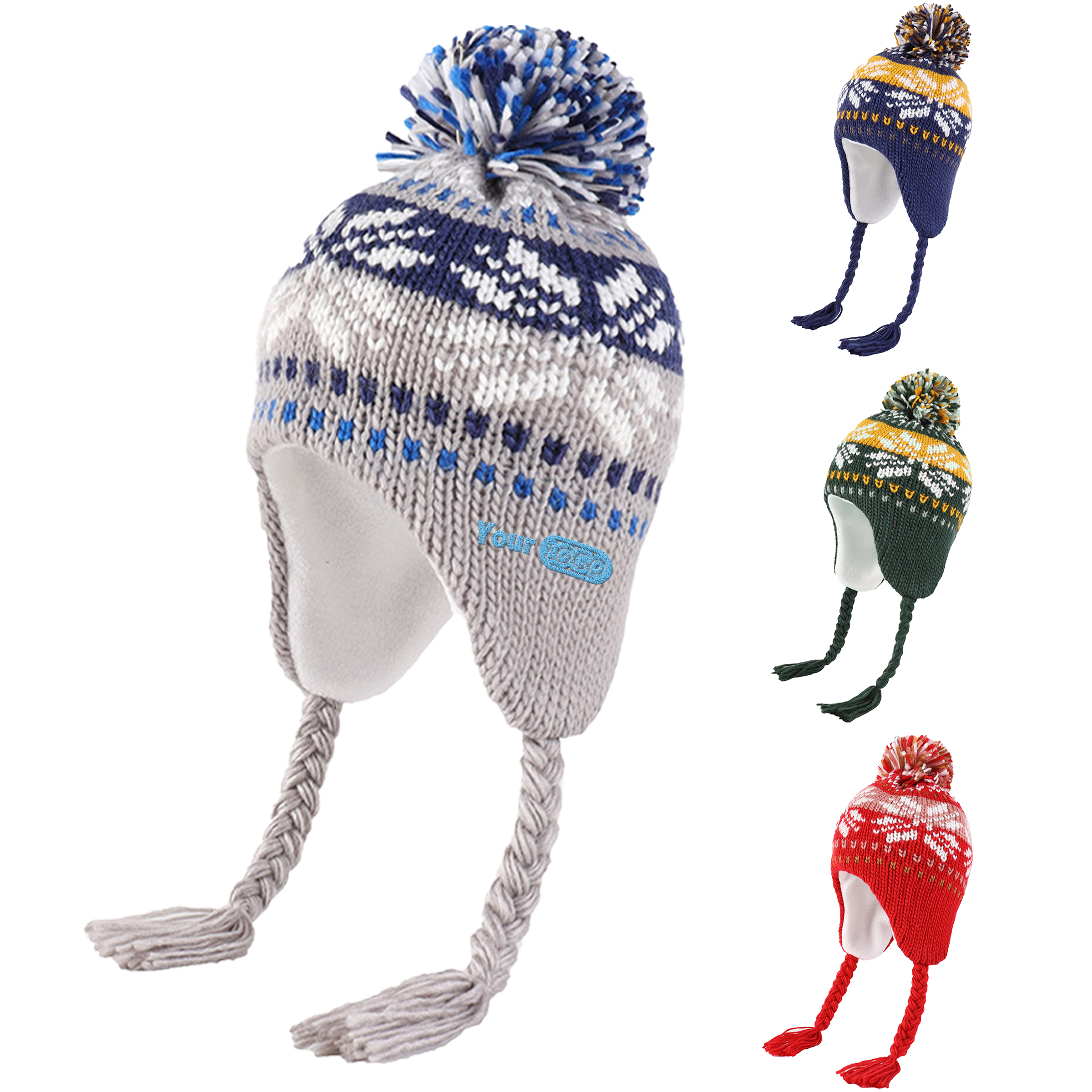 Acrylic Youthful And Fun Winter Knit Hat With Pom-Pom And Ear Flaps 1