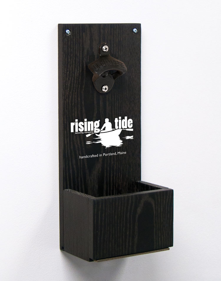 Wall-Mount Bottle Opener with Slide-Out Wood Cap Catcher