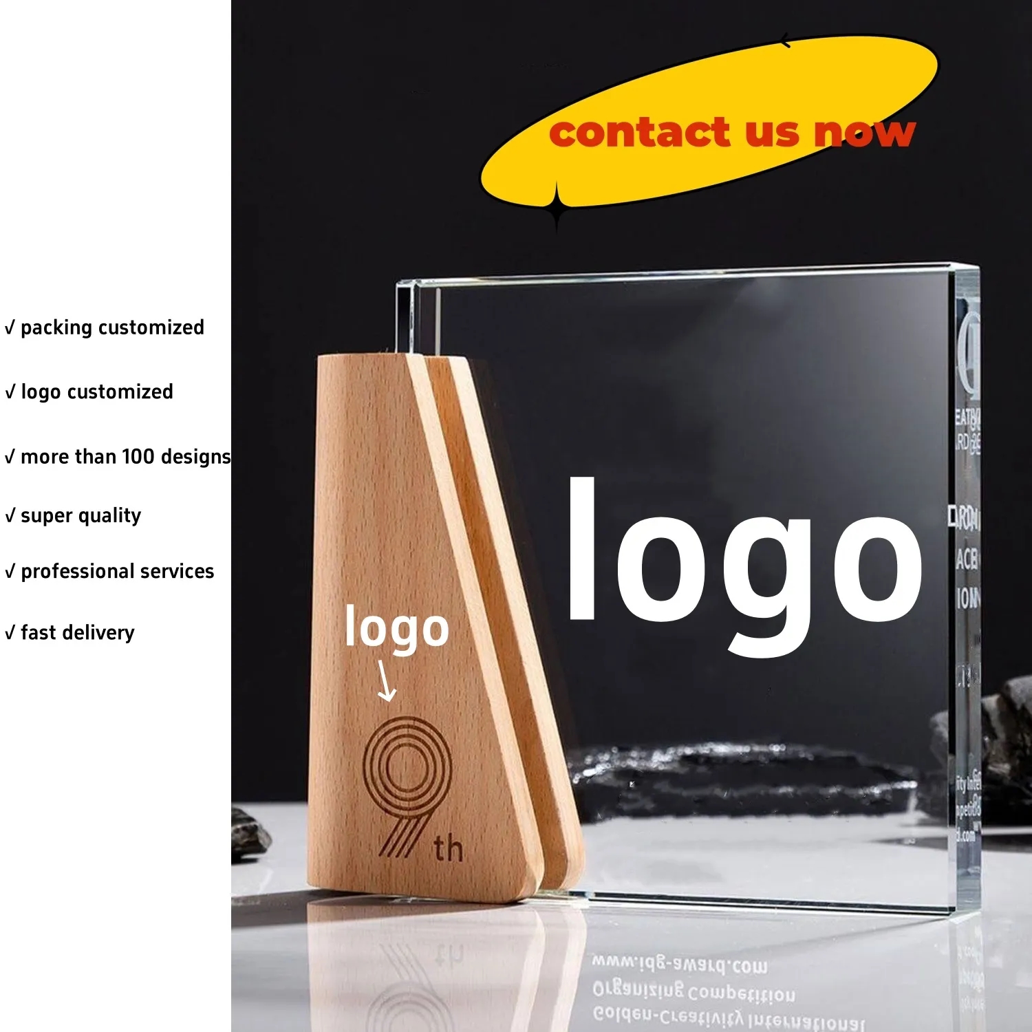 Engraved Custom Crystal Glass Trophy Award with Wooden Base 2