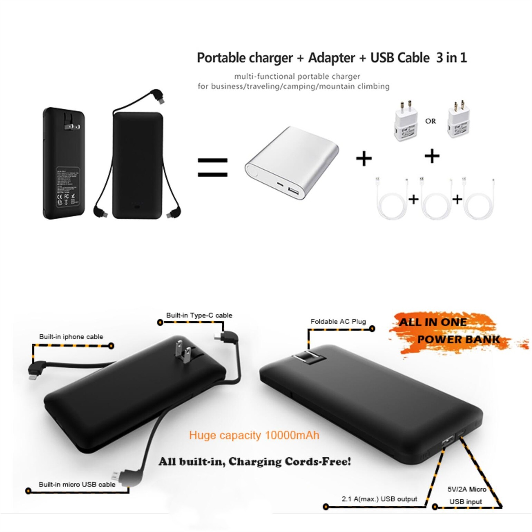 10000Mah Power Bank With Built-In Cable And Foldable AC Plug 5