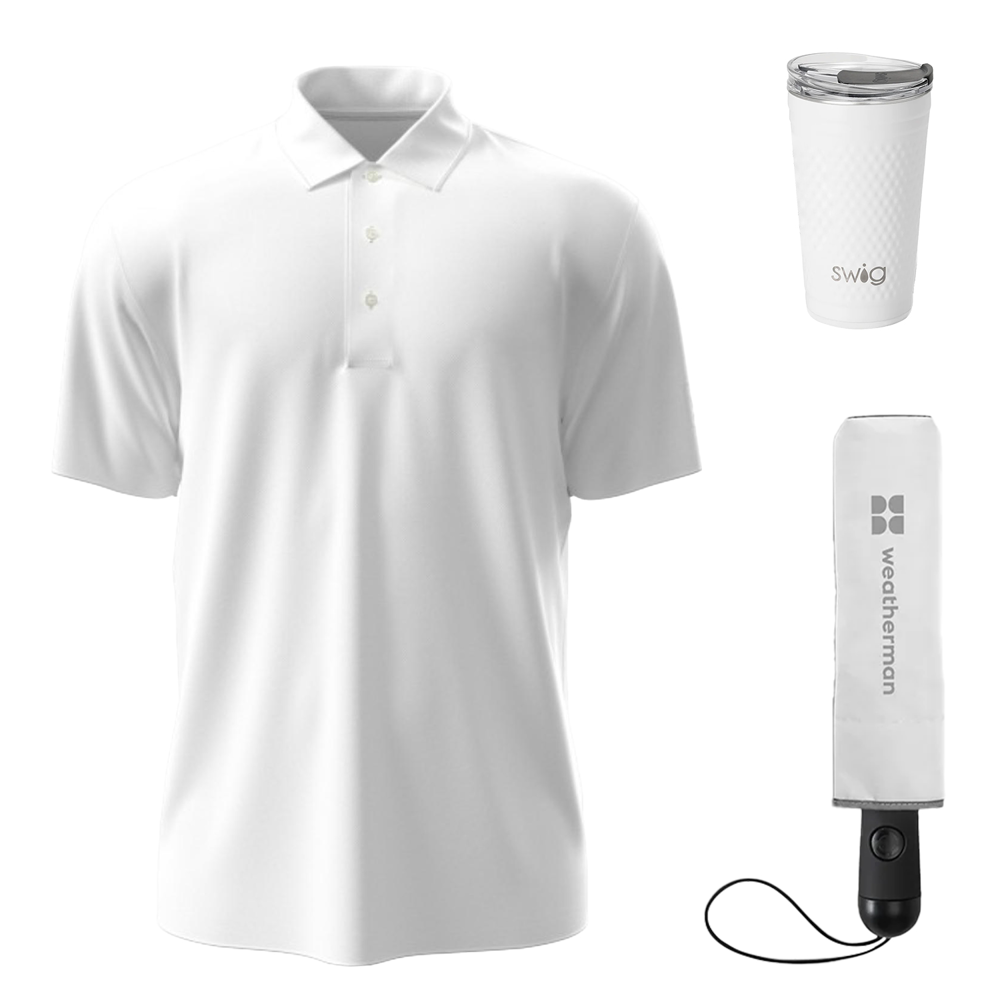 20 oz SWIG® Golf Flip & Sip SS Water Bottle, PGA TOUR® Men's Golf Polo & Weatherman® Umbrella Gift Set