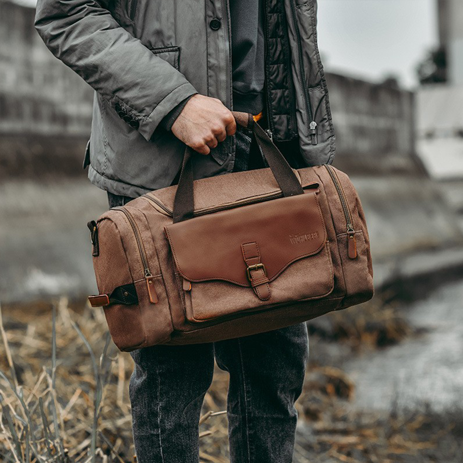 Deluxe canvas pu leather shoulder strap Travel Duffel Bag 1