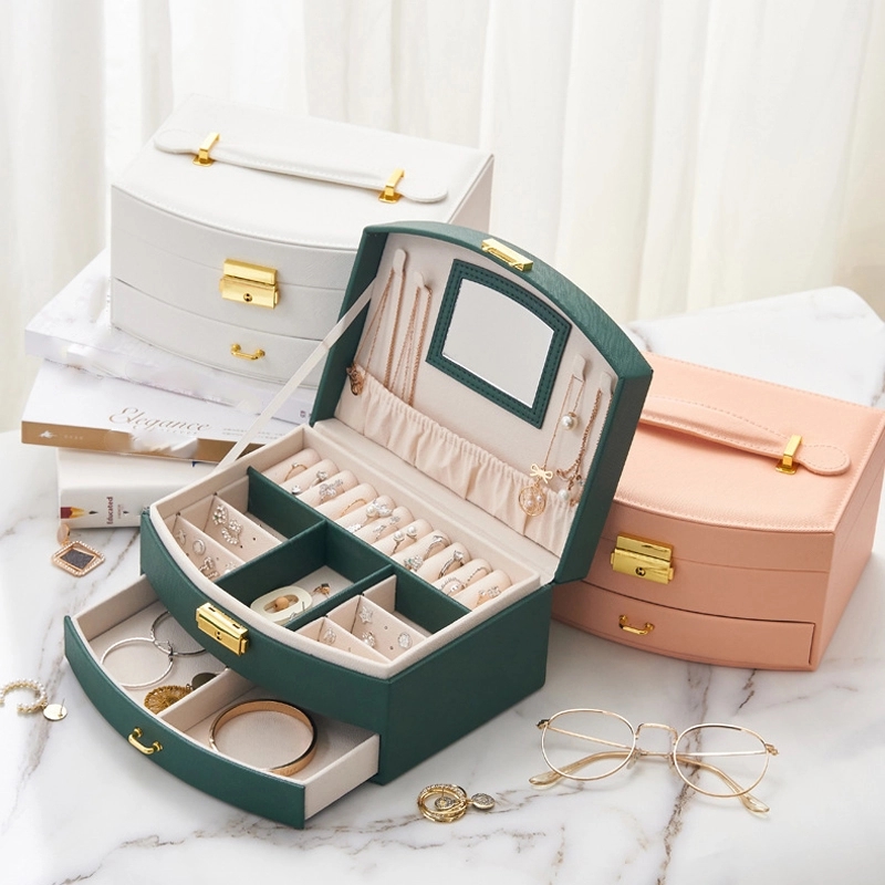 Custom 2-Layer PU Jewelry Organizer Box with Drawer & Mirror 8