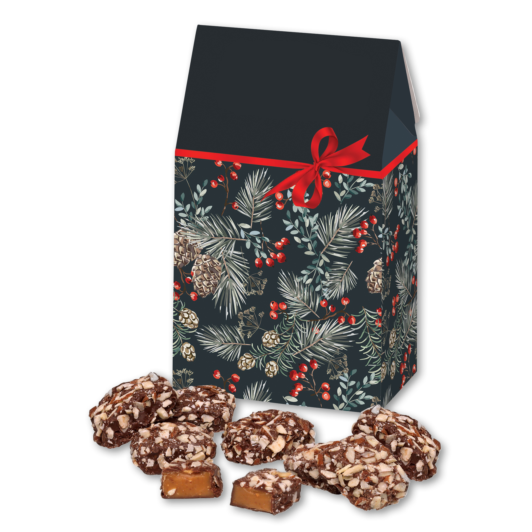 English Butter Toffee in Pine Boughs & Berries Gable Top Gift Box 3
