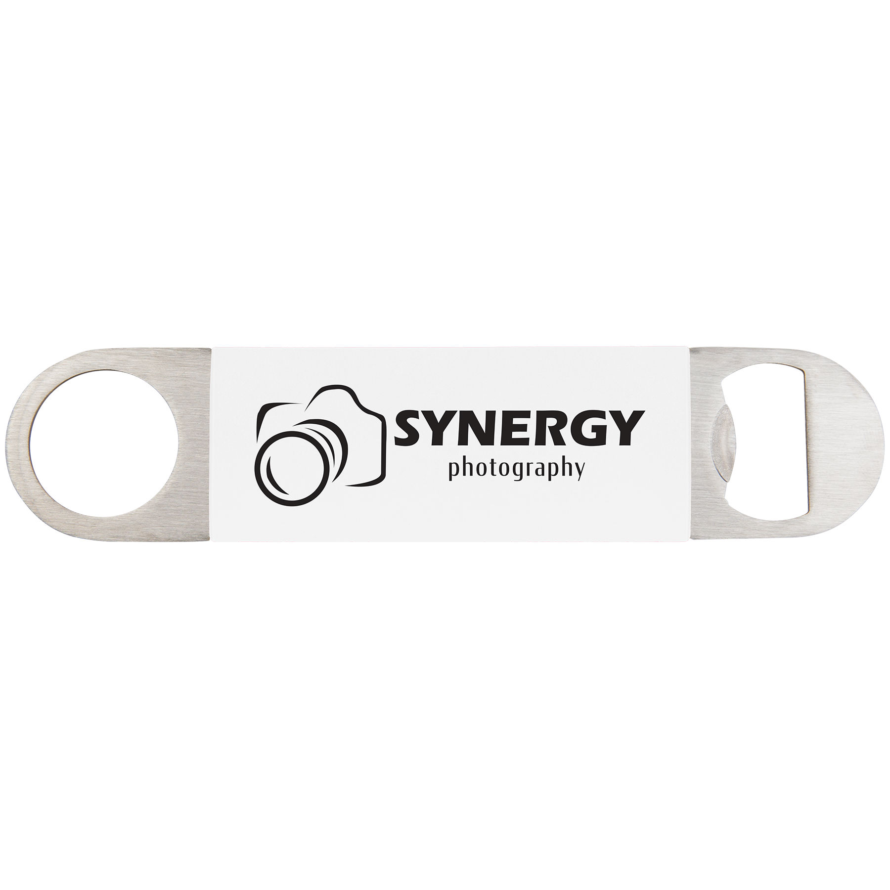 1 1/2" x 7" White/Black Bottle Opener with Silicone Grip 1