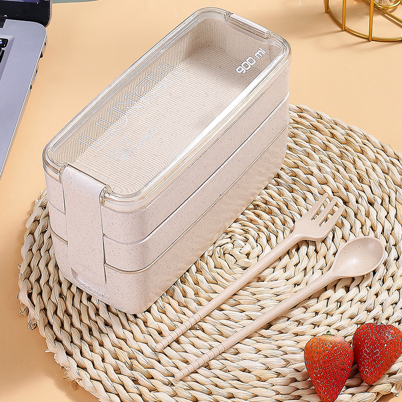 Three Layers Outdoor Picnic Wheat Plastic Bento Box 4