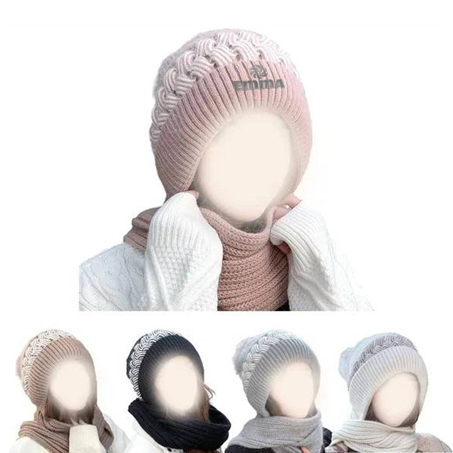 Knit One Piece Style Beanie Hat w/ Scarf 1